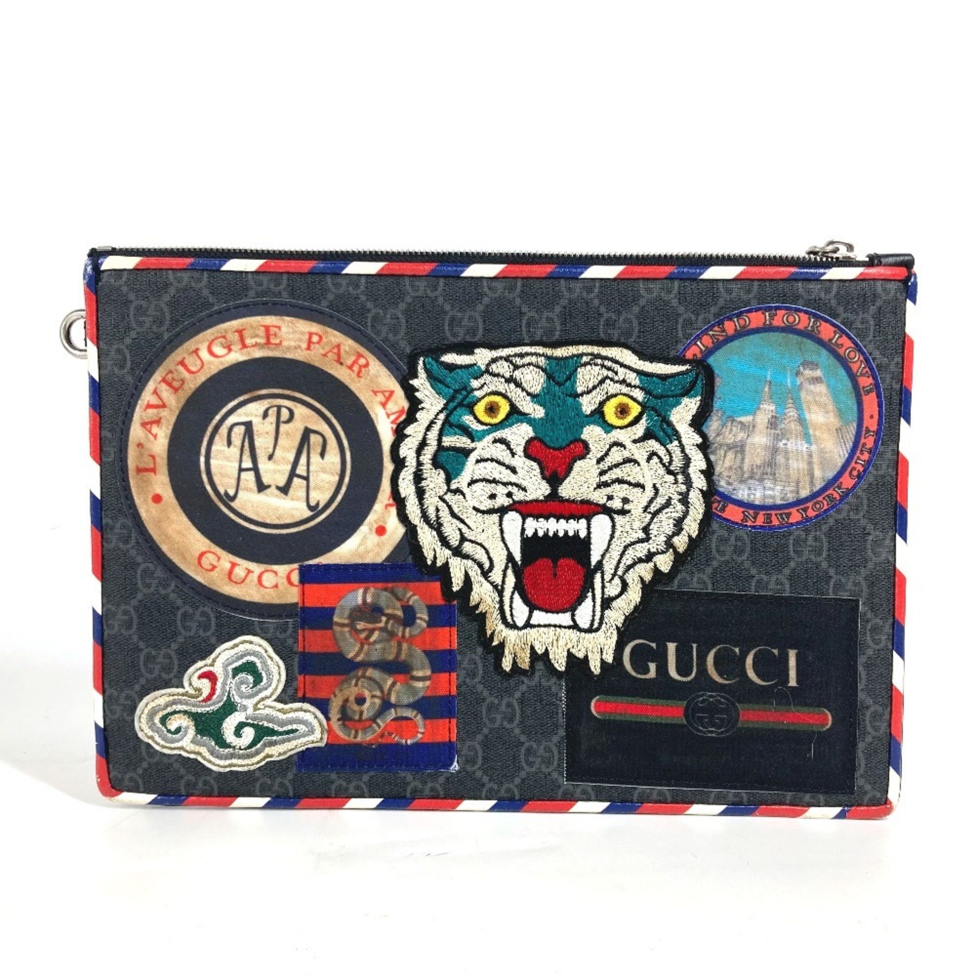 GUCCI 496346 Patch Tiger Cat Night Courier GG Supreme Pouch Clutch Bag Canvas Men's Grey