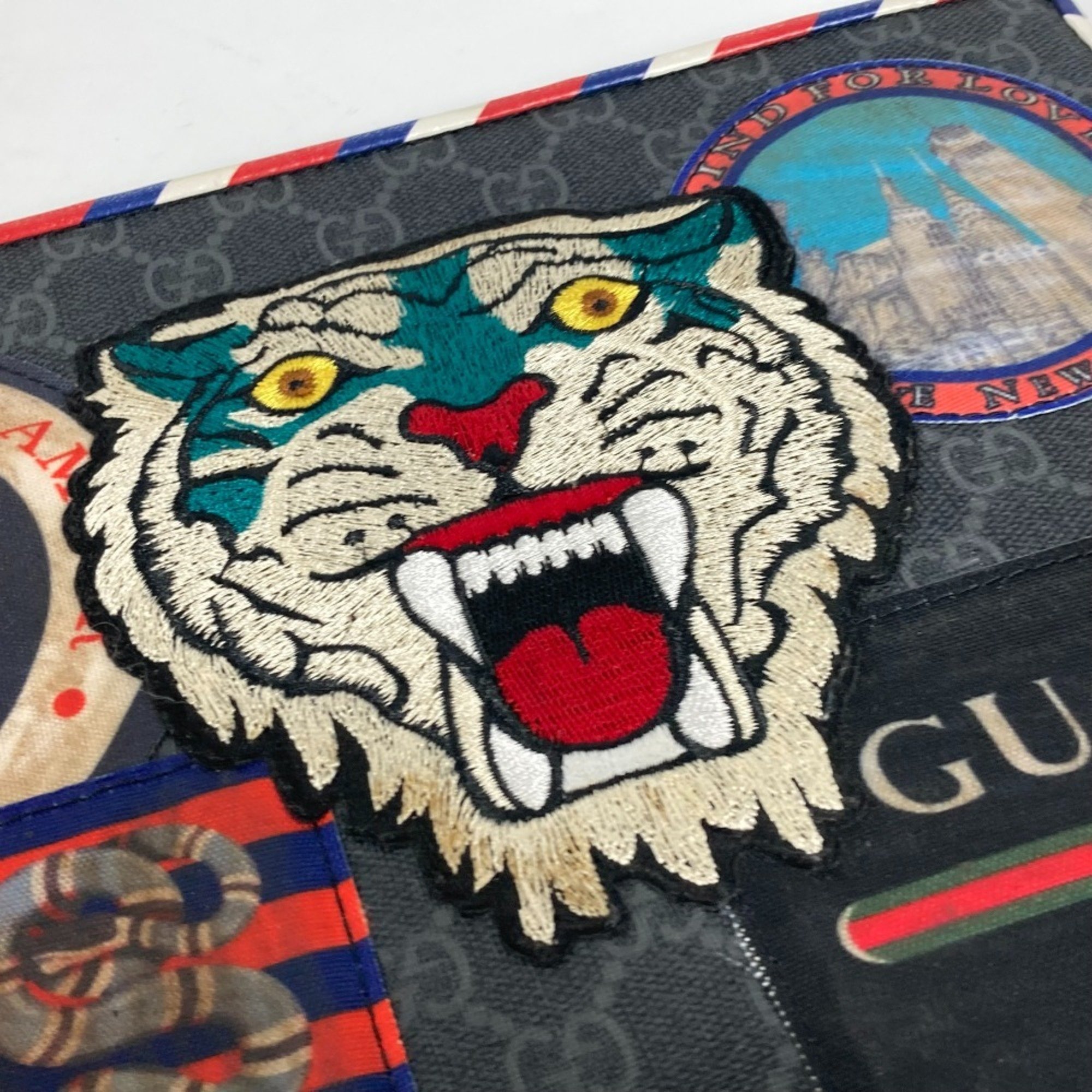 GUCCI 496346 Patch Tiger Cat Night Courier GG Supreme Pouch Clutch Bag Canvas Men's Grey