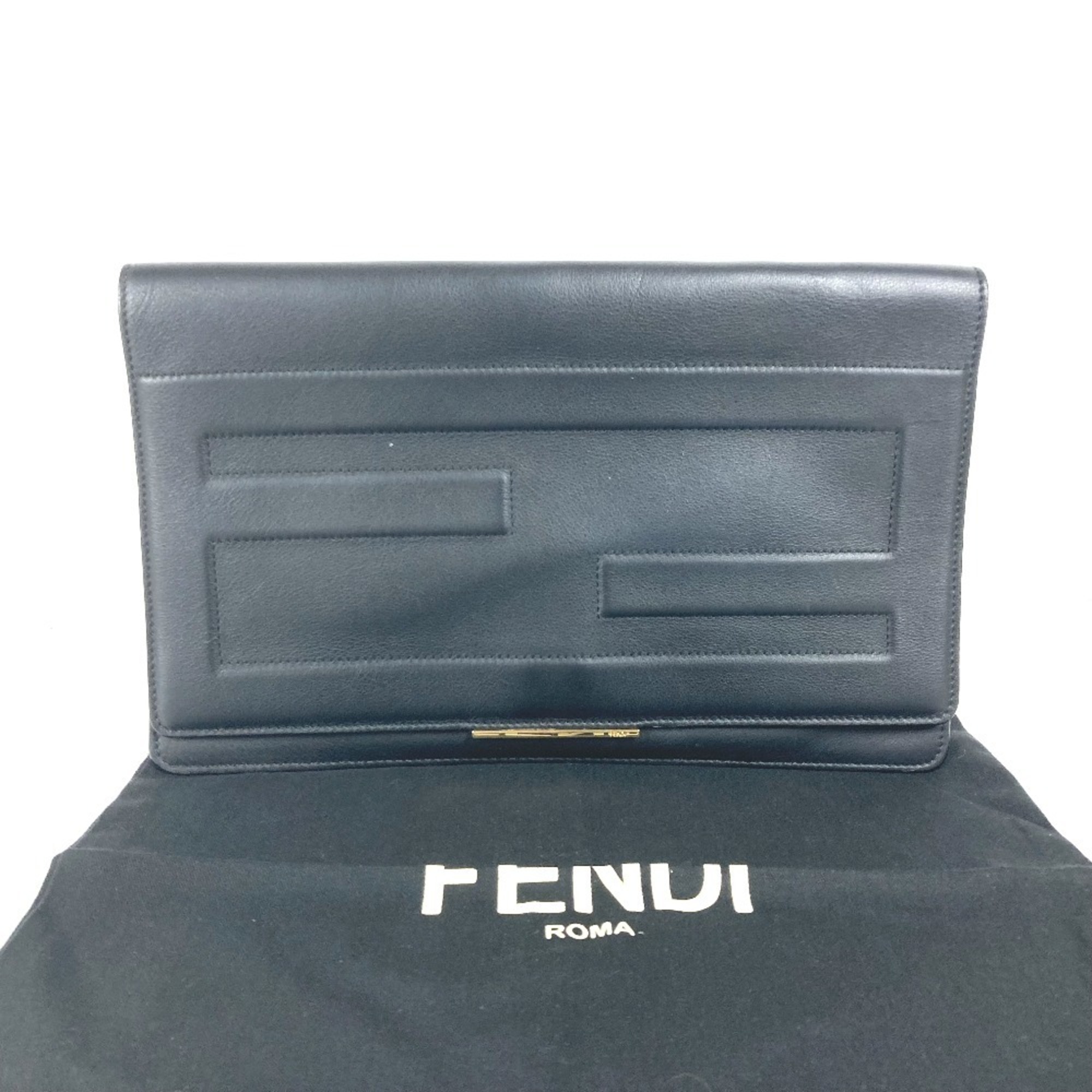 FENDI 8M0351 FF Pouch Flap Bi-fold Clutch Bag Leather Men's Black