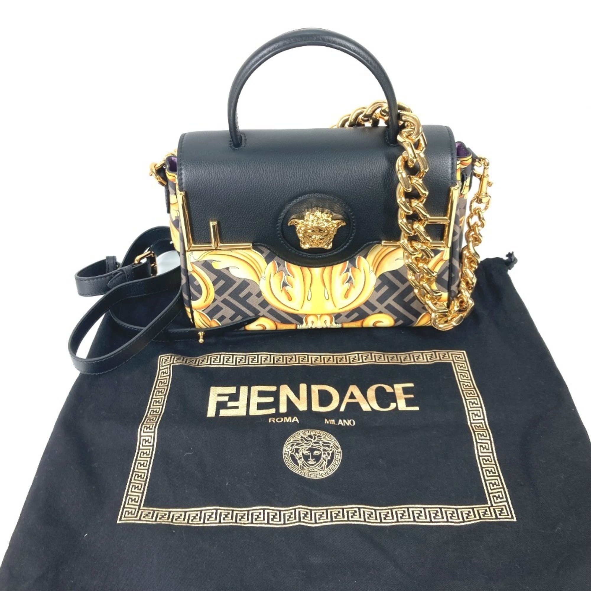 FENDI Versace collaboration VERSACE La Medusa satchel bag Zucca FENDACE Fenderche shoulder handbag leather ladies brown