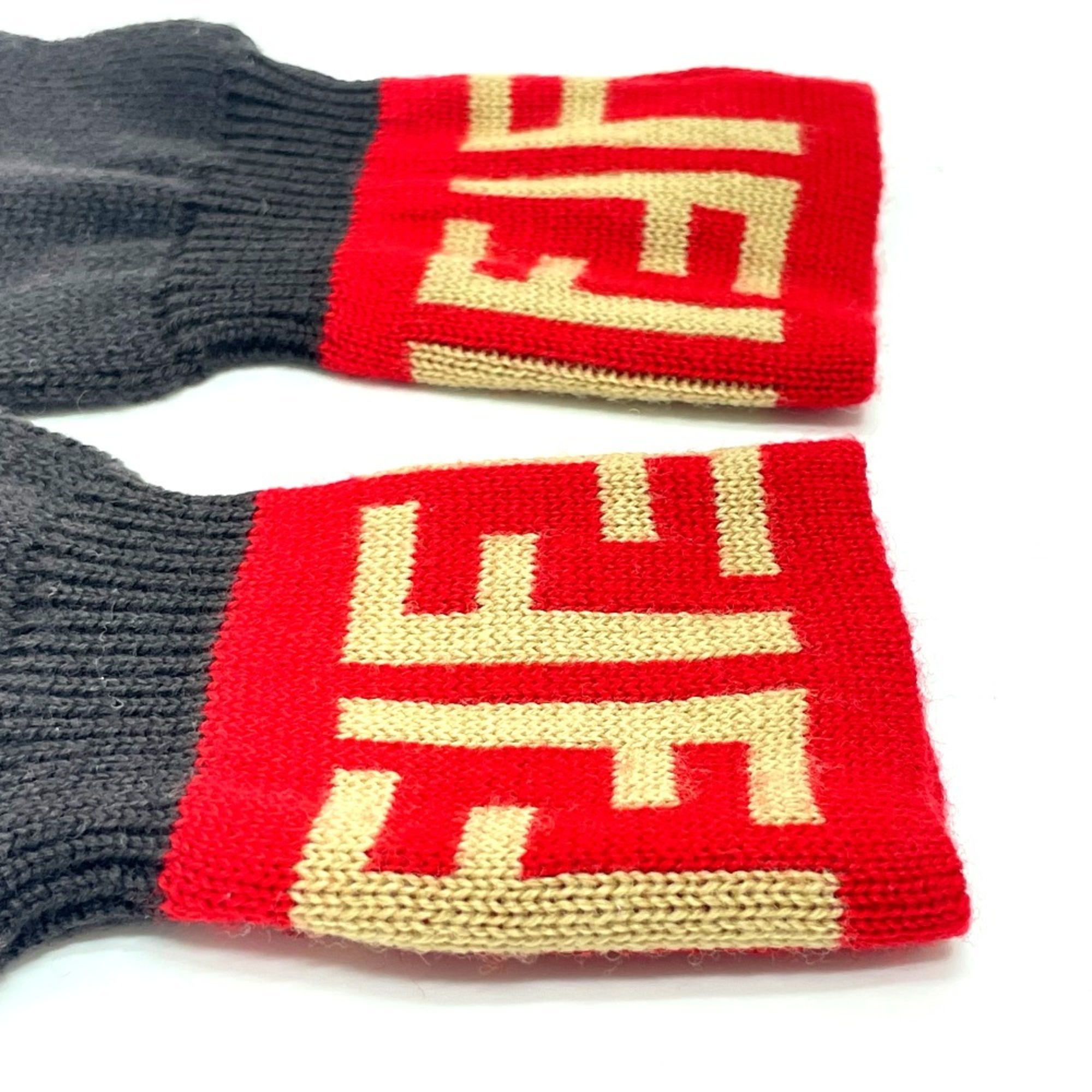 FENDI Zucca Gloves Wool Women's Brown x Red