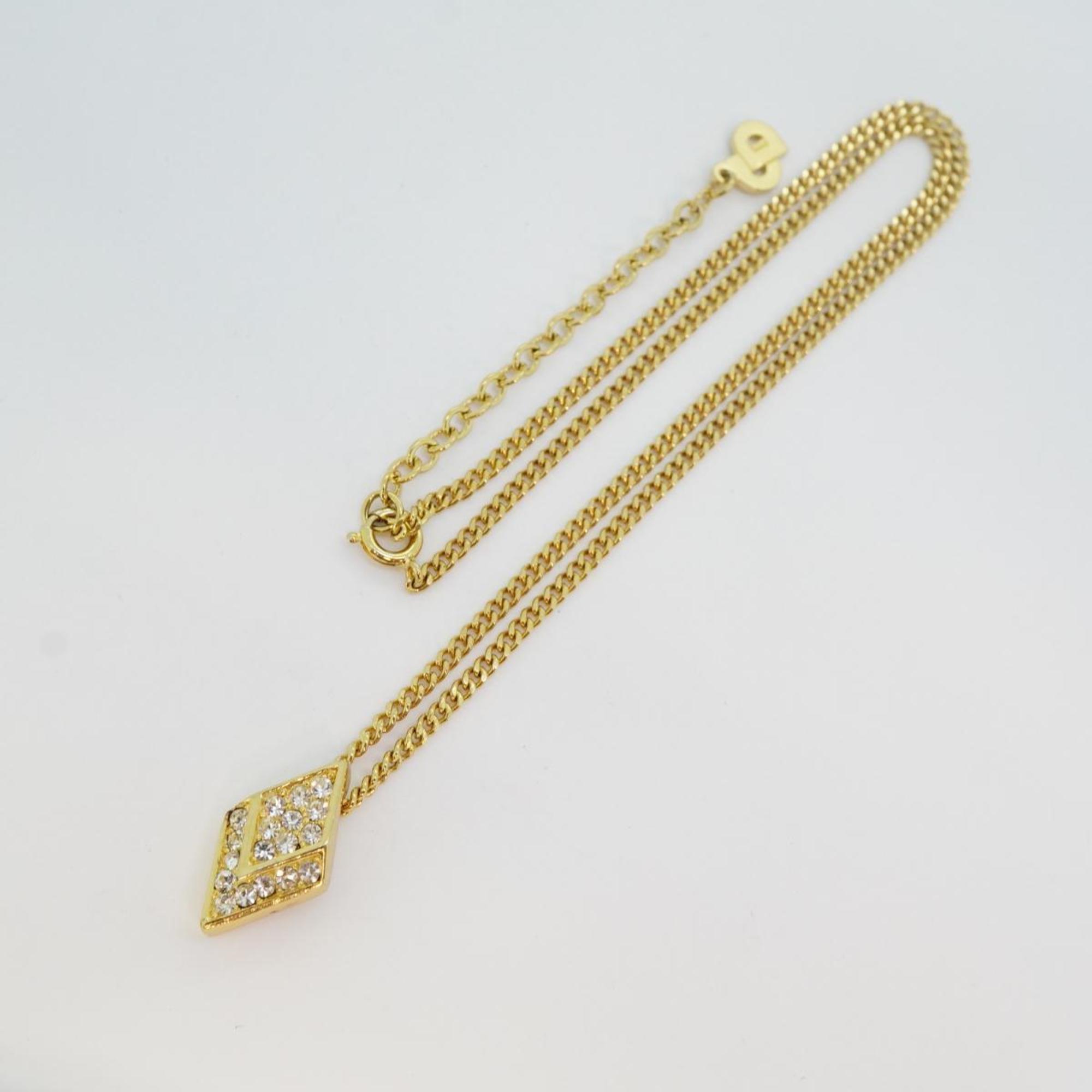 Christian Dior Necklace, Diamond Shape, Rhinestone, GP Plated, Gold, Women's