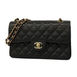 Chanel Shoulder Bag Matelasse W Flap Chain Caviar Skin Black Champagne Women's