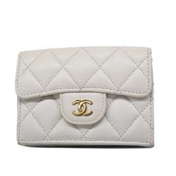 Chanel Tri-fold Wallet Matelasse Caviar Skin White Women's