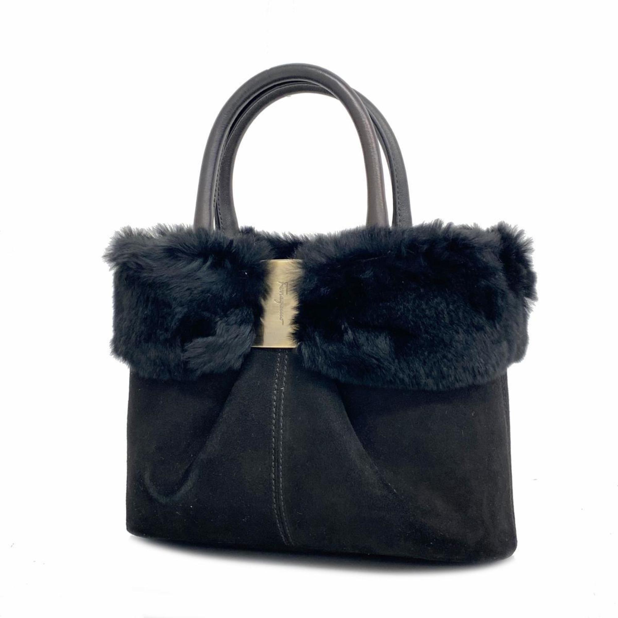 Salvatore Ferragamo Vara Suede Fur Handbag Black Women's