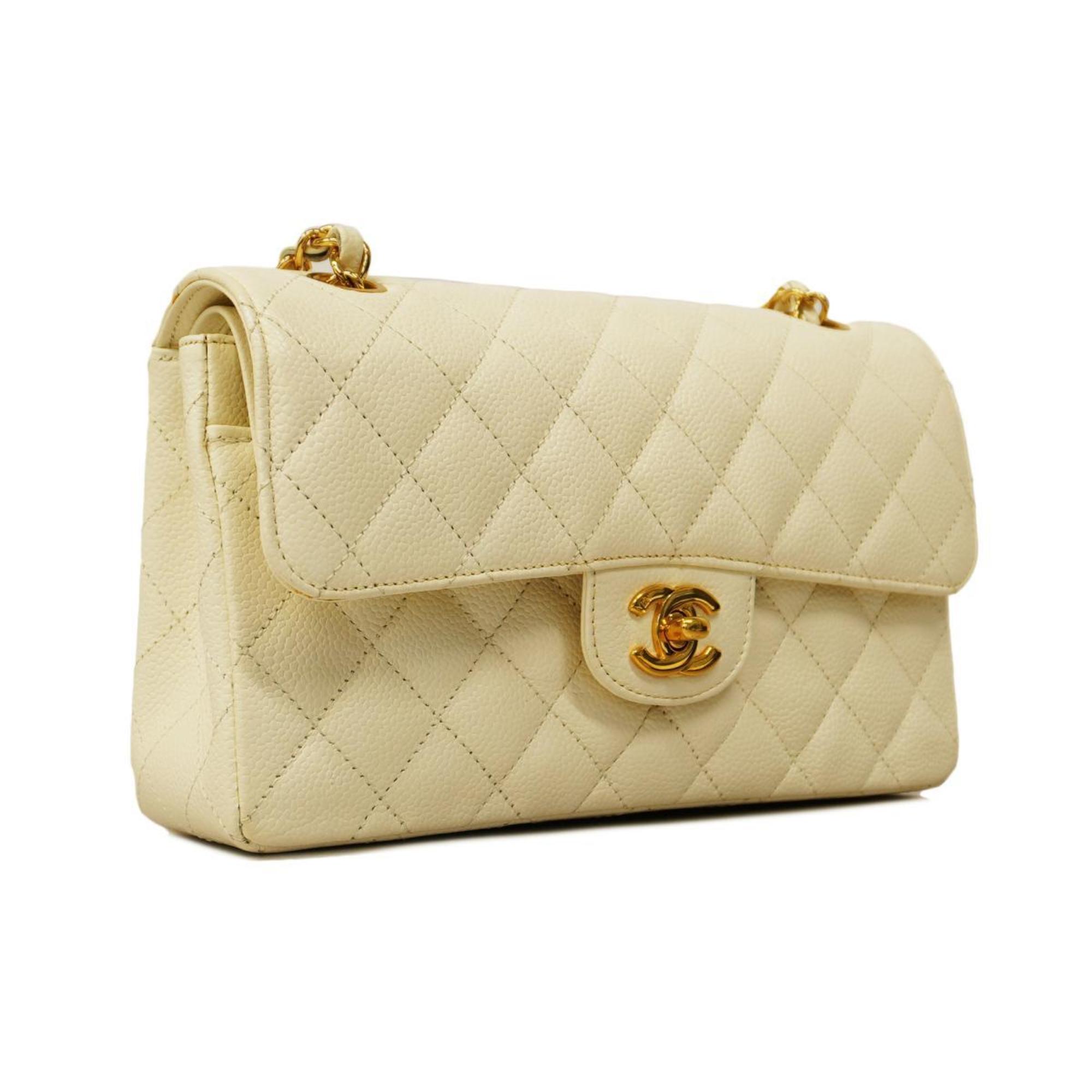 Chanel Shoulder Bag Matelasse W Flap Chain Caviar Skin White Women's