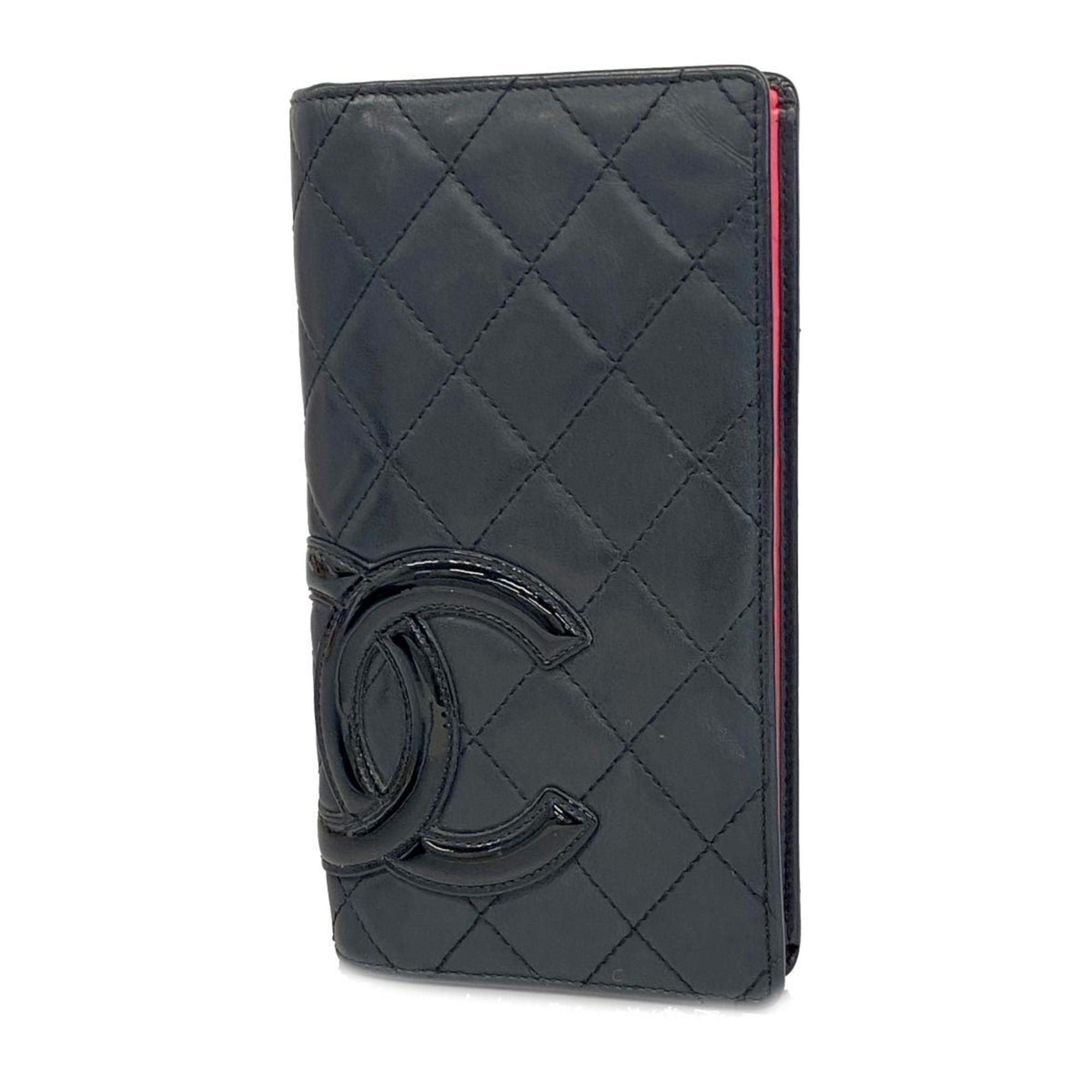 Chanel Long Wallet Cambon Lambskin Patent Leather Black Women's