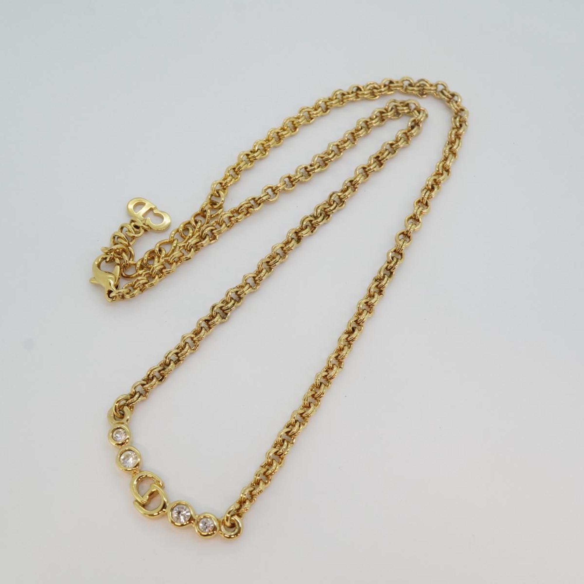 Christian Dior Necklace CD Rhinestone GP Plated Gold Women's