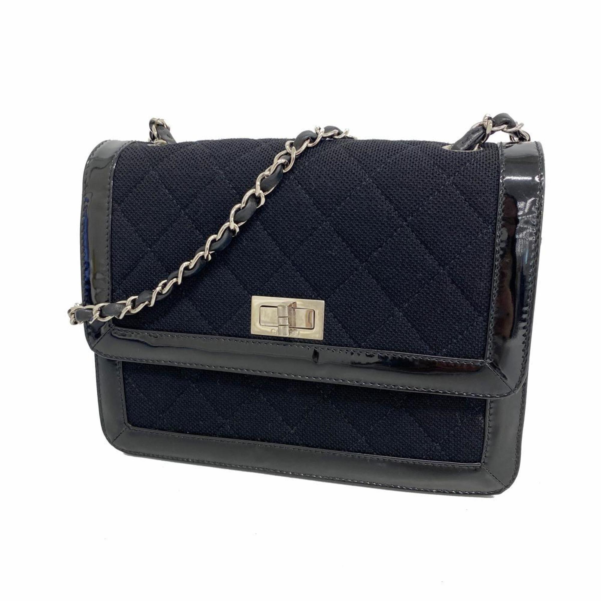 Chanel Shoulder Bag Matelasse Chain Canvas Patent Leather Black Women's