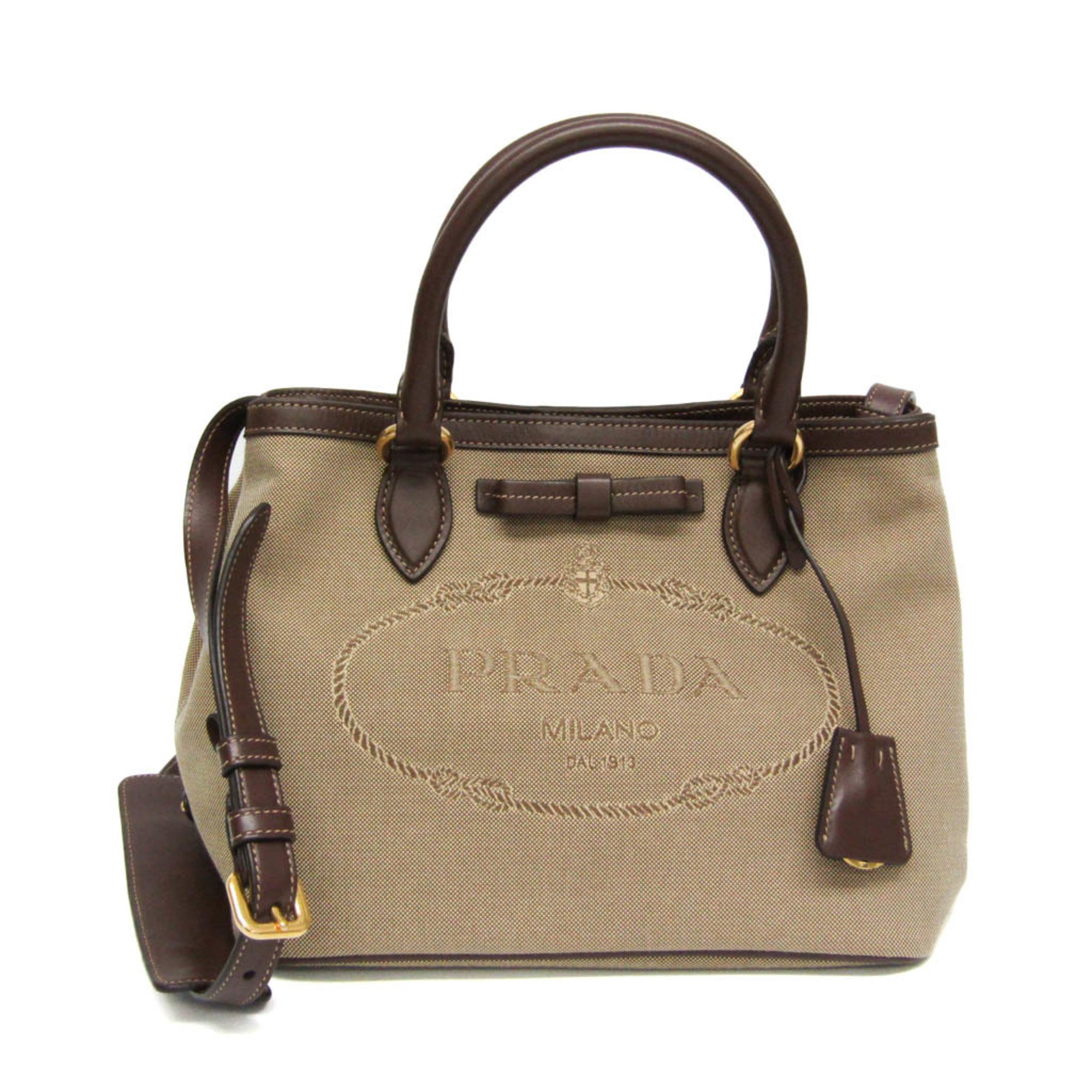 Prada Ribbon Logo Jacquard Women's Leather,Jacquard Handbag,Shoulder Bag Beige Brown,Dark Brown