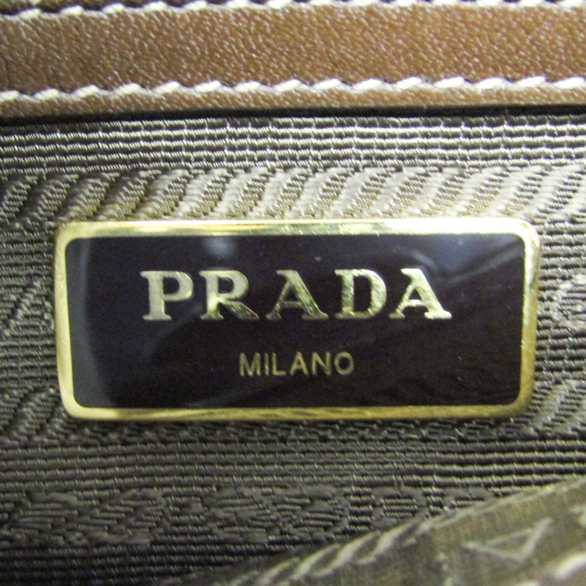 Prada Ribbon Logo Jacquard Women's Leather,Jacquard Handbag,Shoulder Bag Beige Brown,Dark Brown