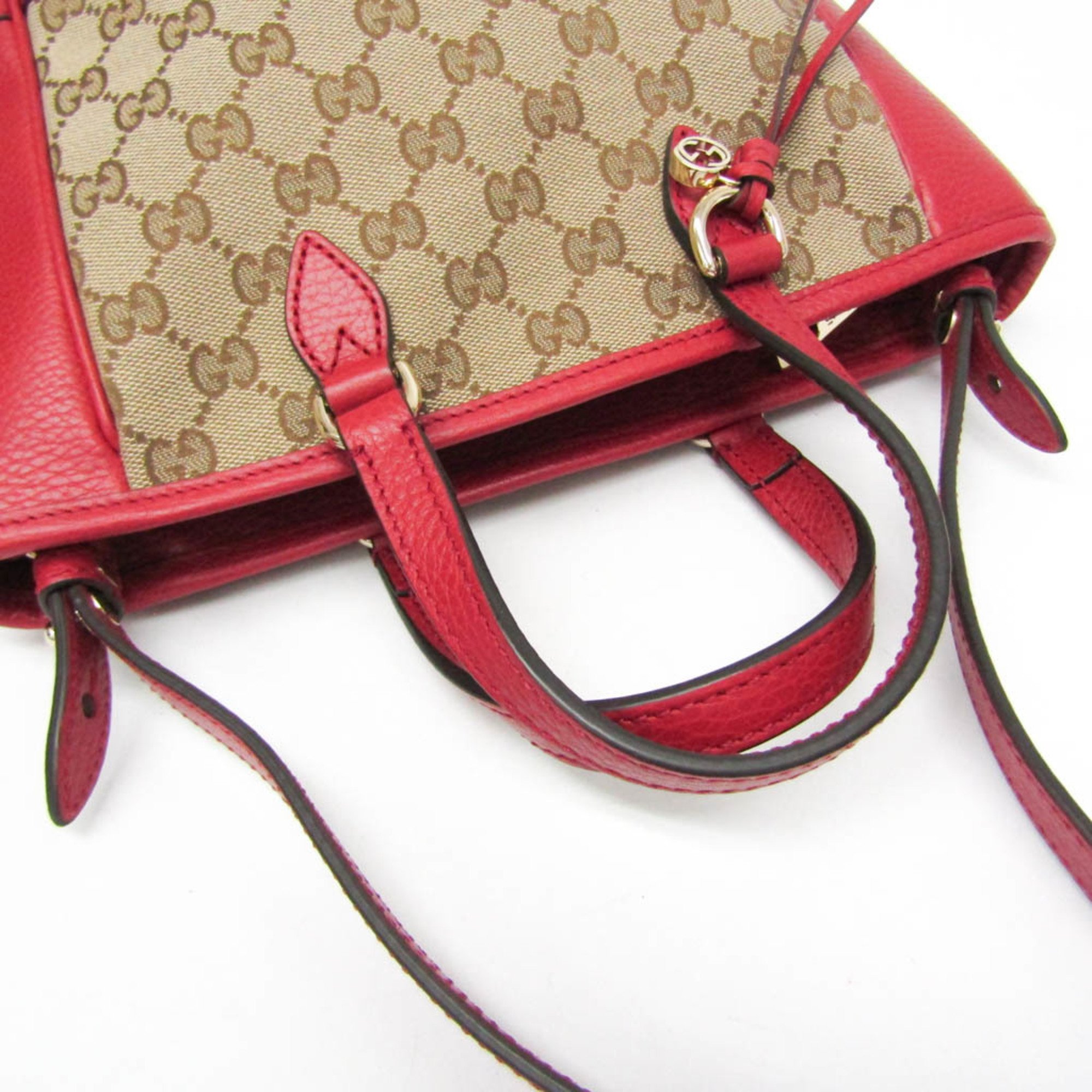 Gucci GG Canvas 449241 Women's Leather,Canvas Handbag,Shoulder Bag Beige,Dark Brown,Red Color