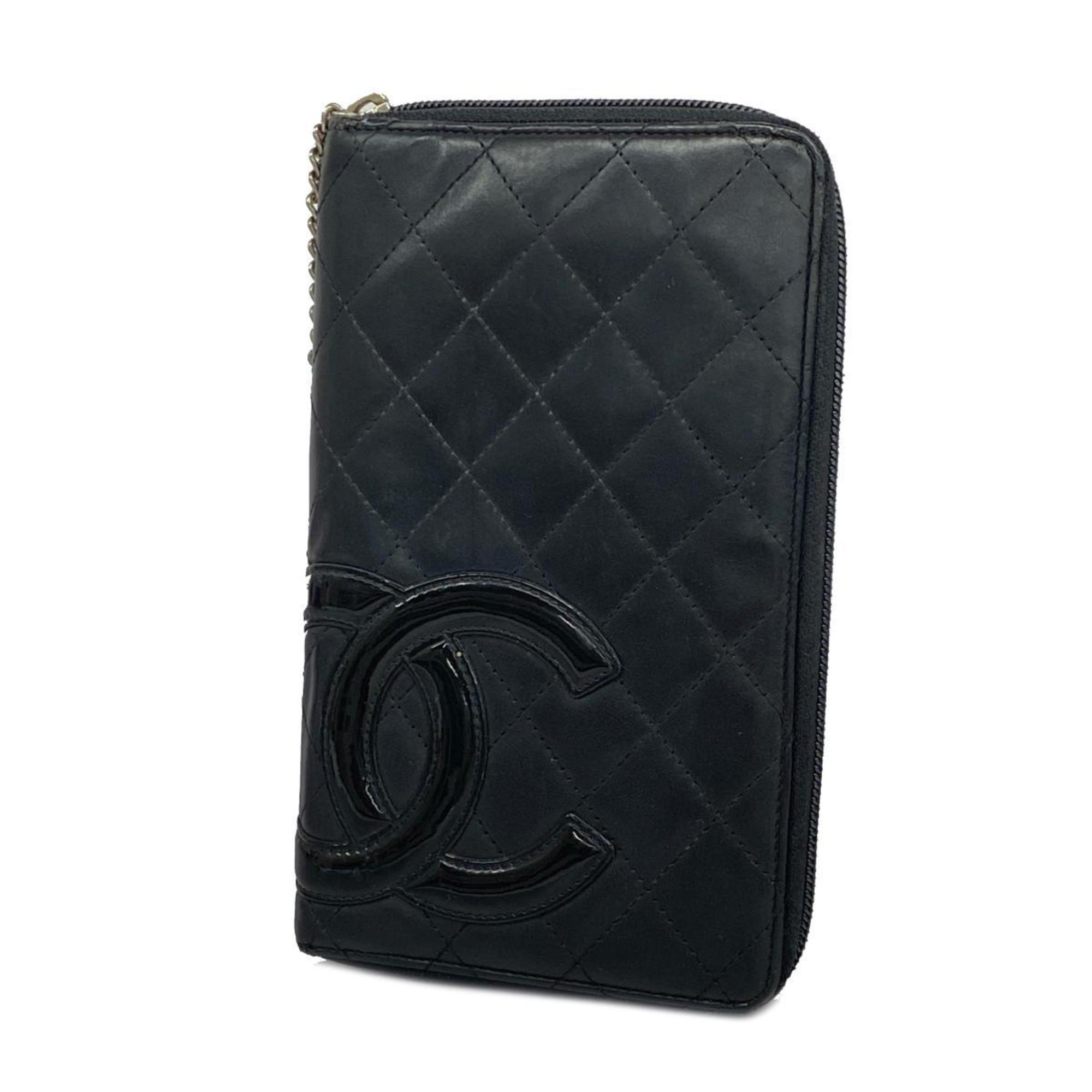 Chanel Long Wallet Cambon Lambskin Patent Leather Black Men's Women's