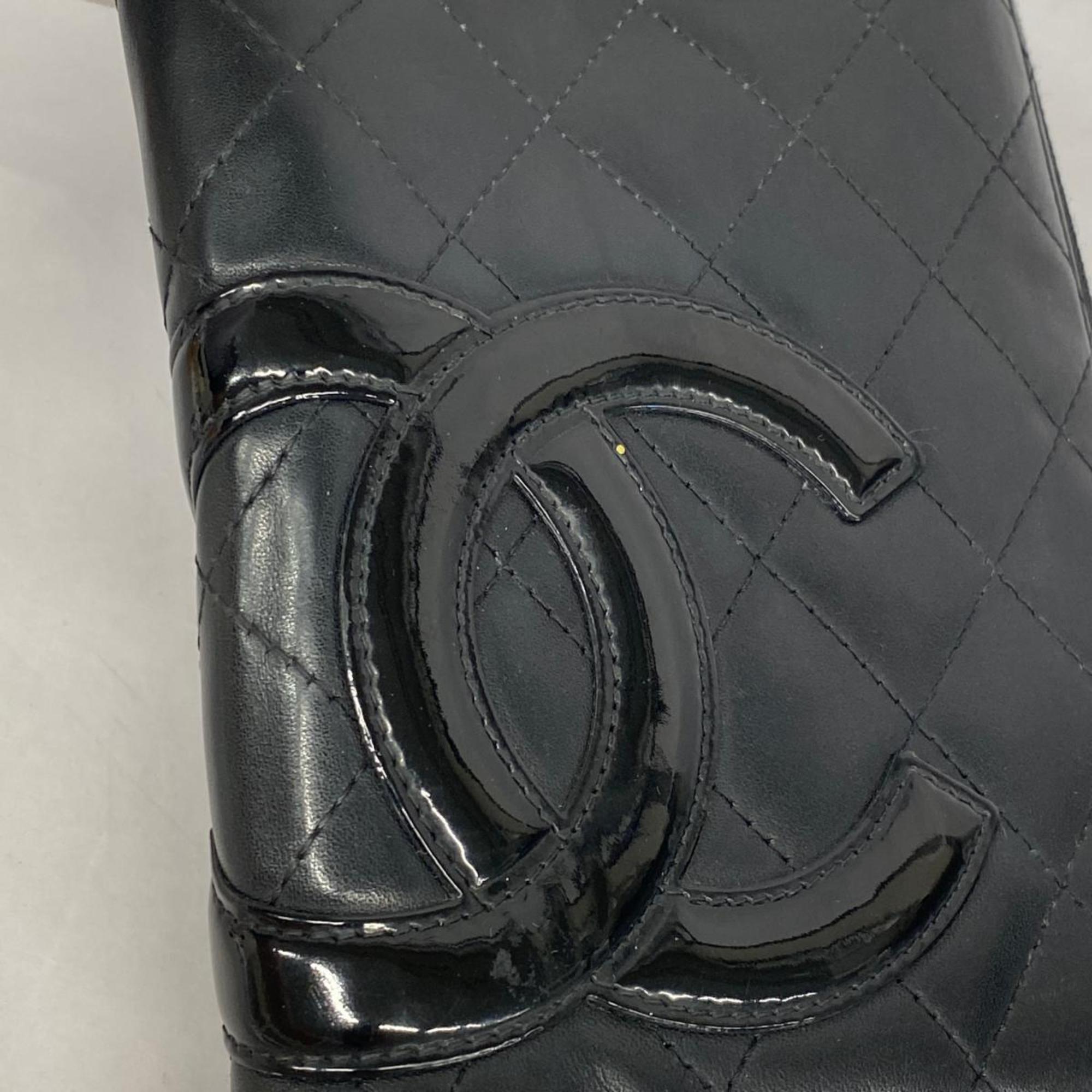 Chanel Long Wallet Cambon Lambskin Patent Leather Black Men's Women's