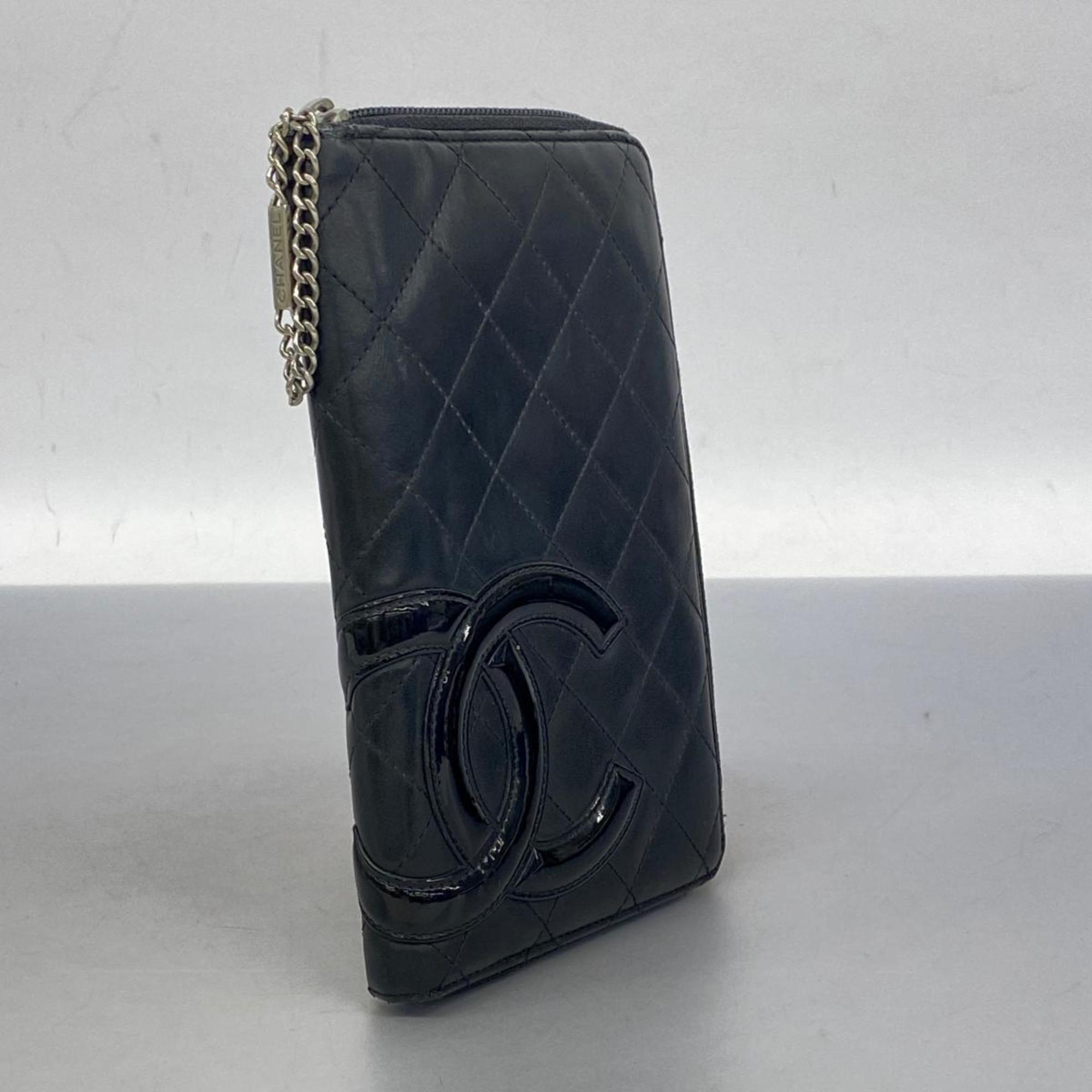 Chanel Long Wallet Cambon Lambskin Patent Leather Black Men's Women's