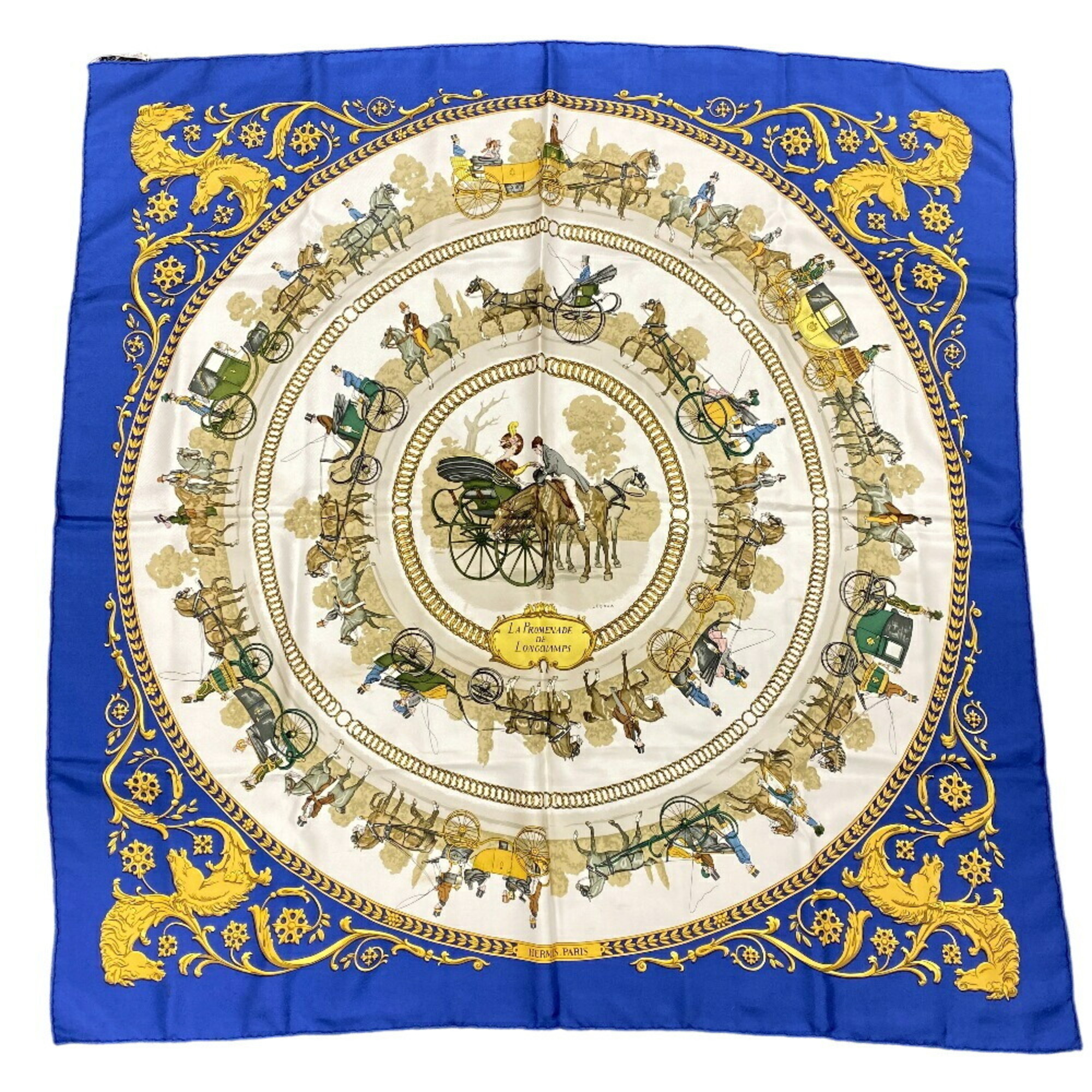 HERMES Hermes Carre 90 LA PROMENADE DE LONGCHAMPS Walk to Longchamp Scarf Muffler Blue Unisex