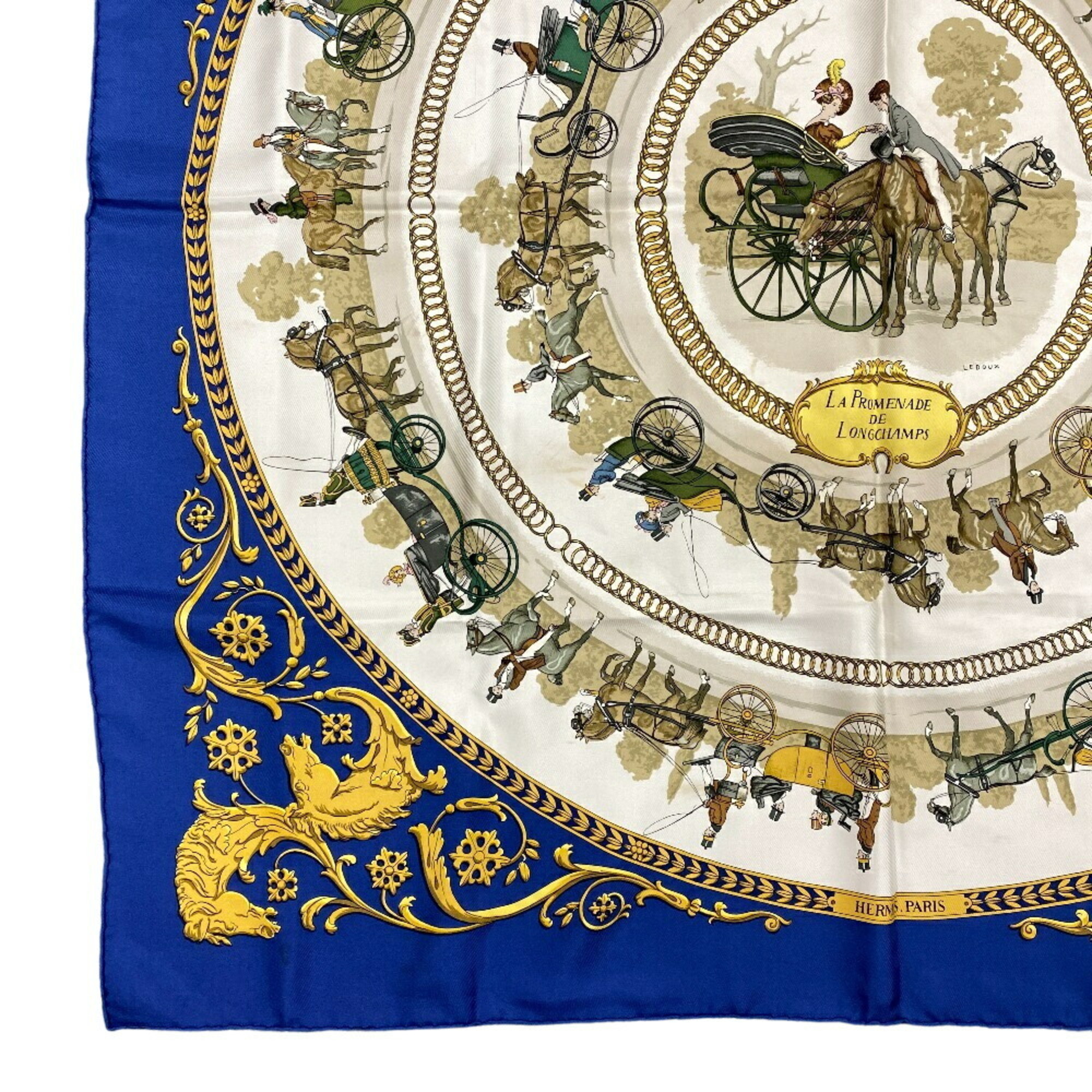 HERMES Hermes Carre 90 LA PROMENADE DE LONGCHAMPS Walk to Longchamp Scarf Muffler Blue Unisex