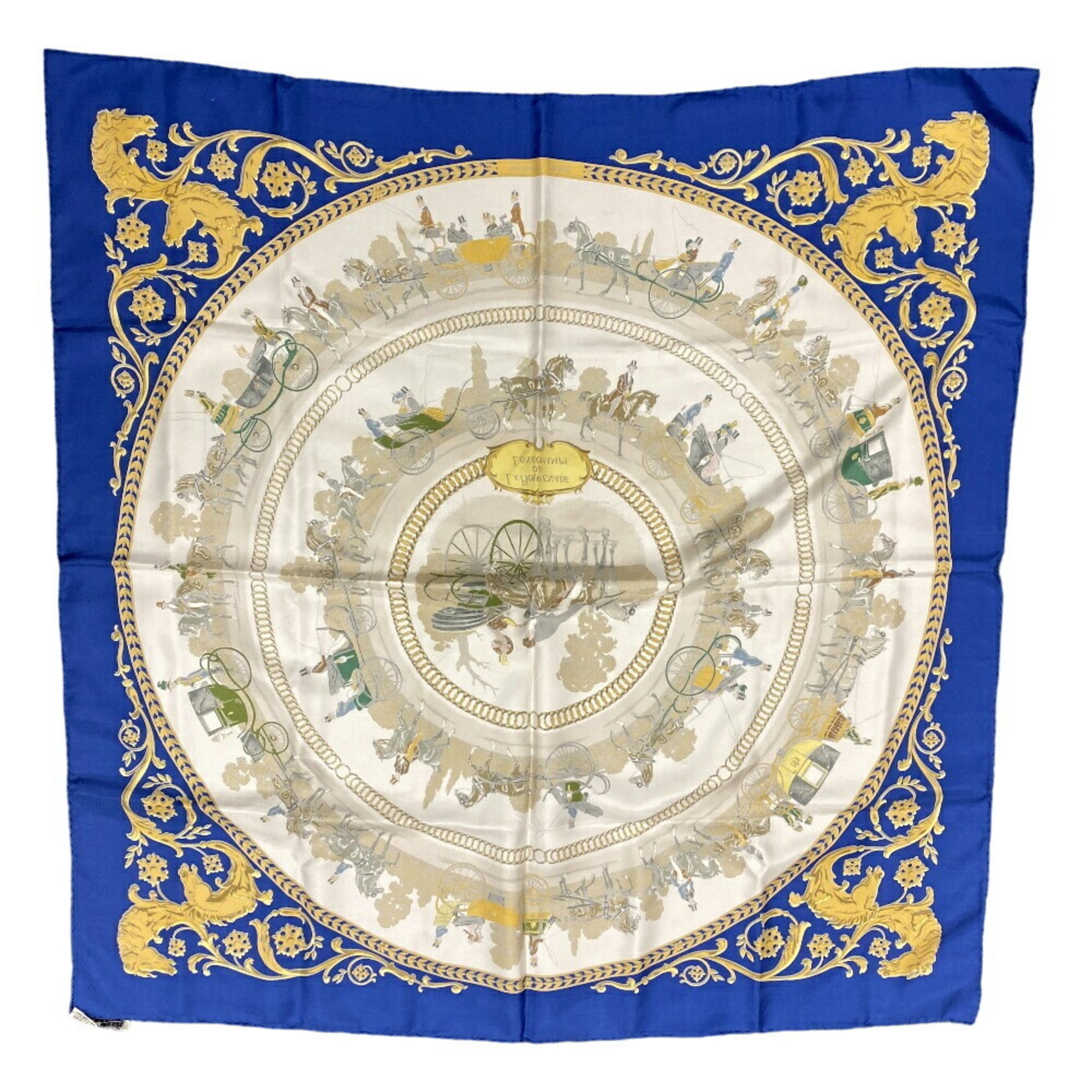 HERMES Hermes Carre 90 LA PROMENADE DE LONGCHAMPS Walk to Longchamp Scarf Muffler Blue Unisex