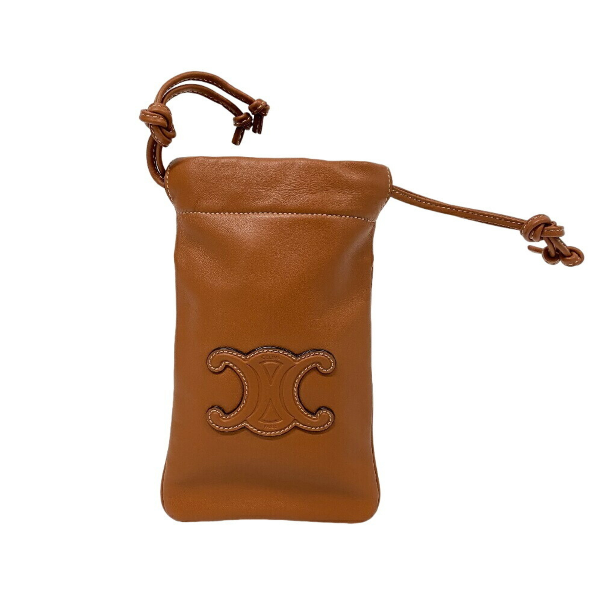 CELINE Triomphe Drawstring Phone Pouch for Mobile Phones, Brown, Women's