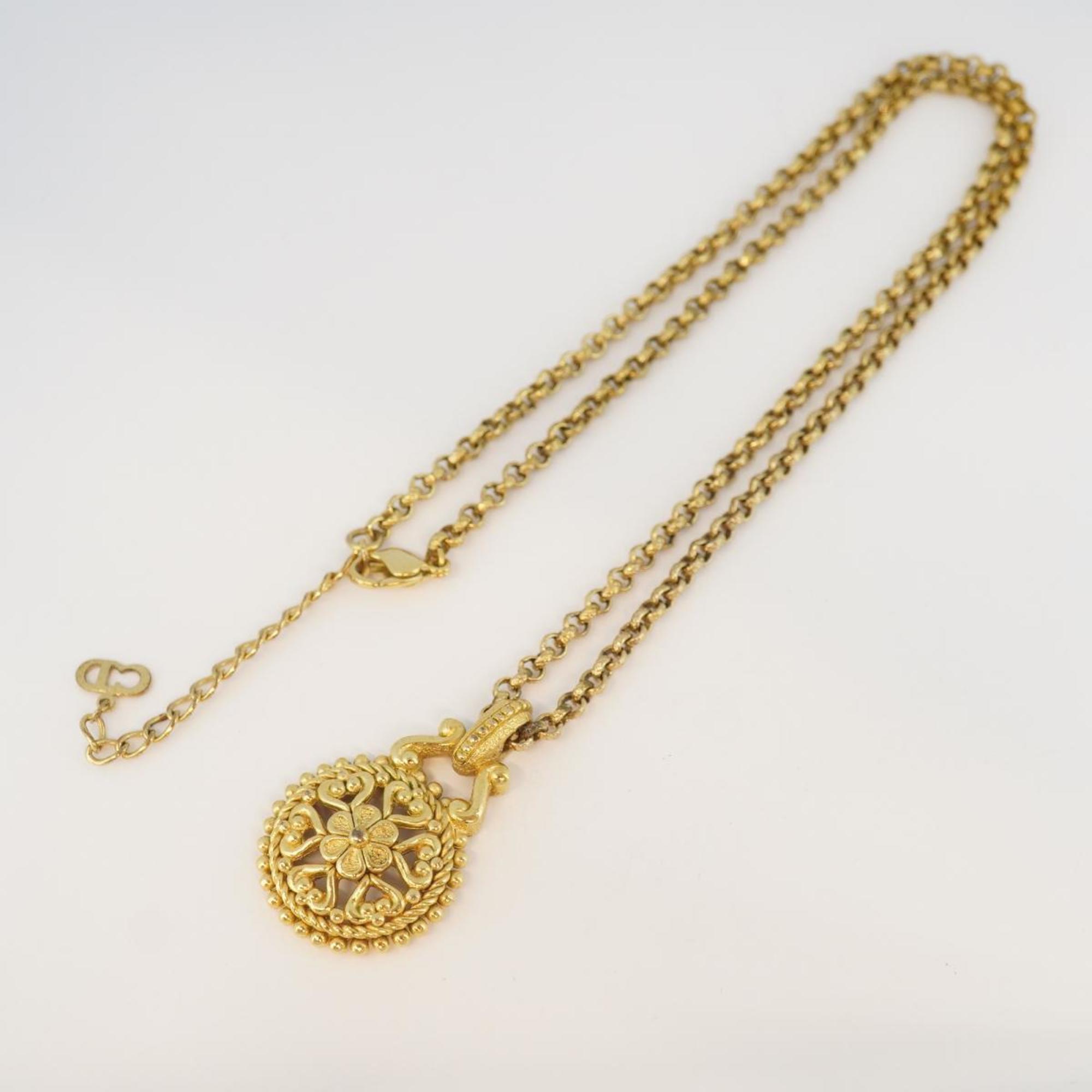 Christian Dior Necklace Circle Flower Motif GP Plated Gold Women's