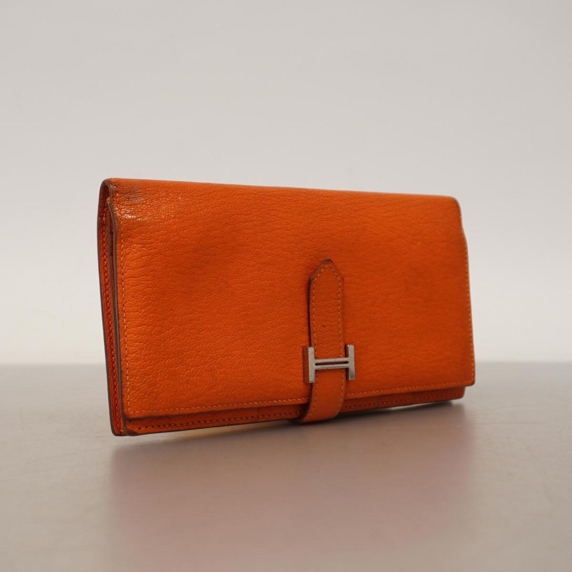 Hermes Long Wallet Bearn Soufflet □R Stamped Chevre Mysore Orange Men's Women's