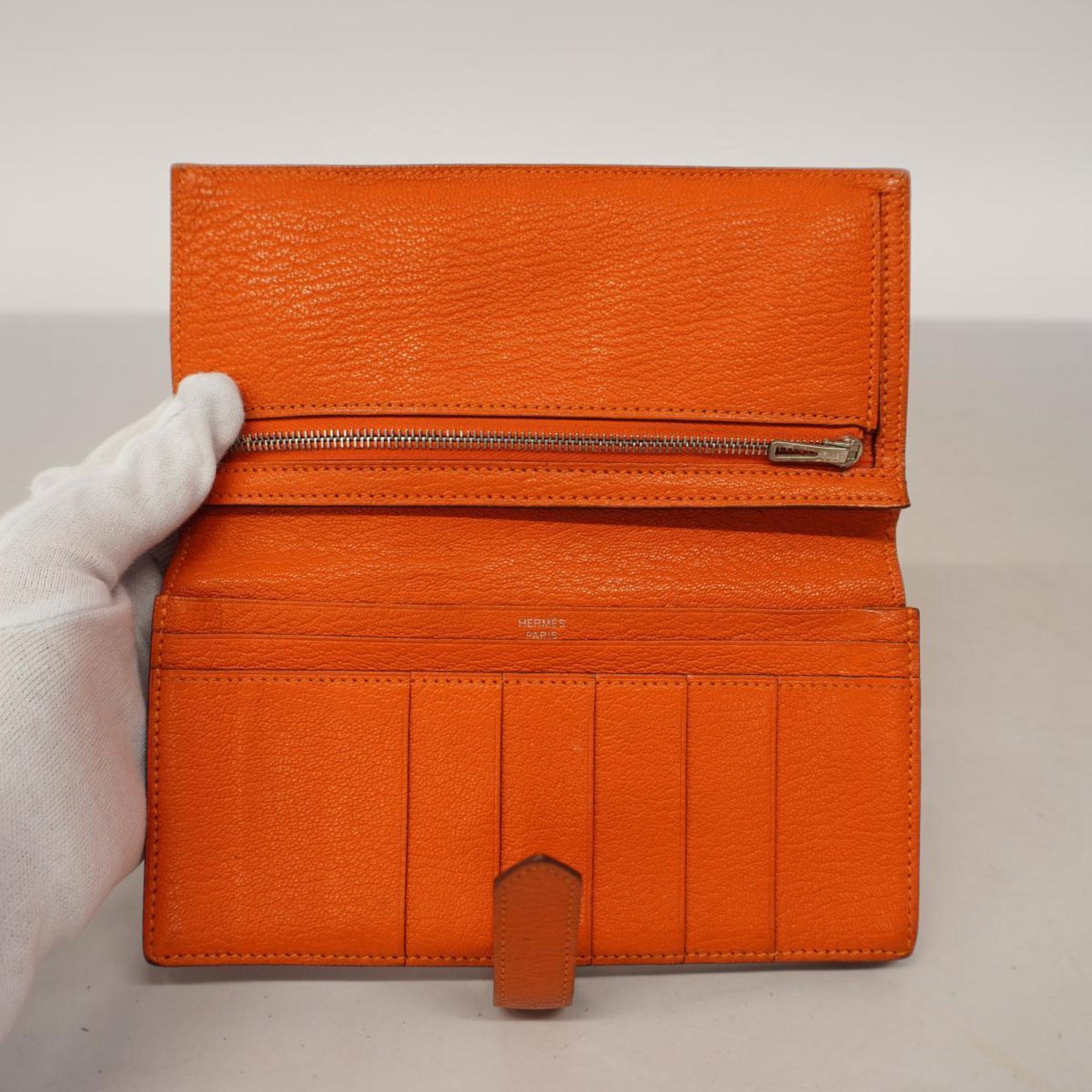 Hermes Long Wallet Bearn Soufflet □R Stamped Chevre Mysore Orange Men's Women's