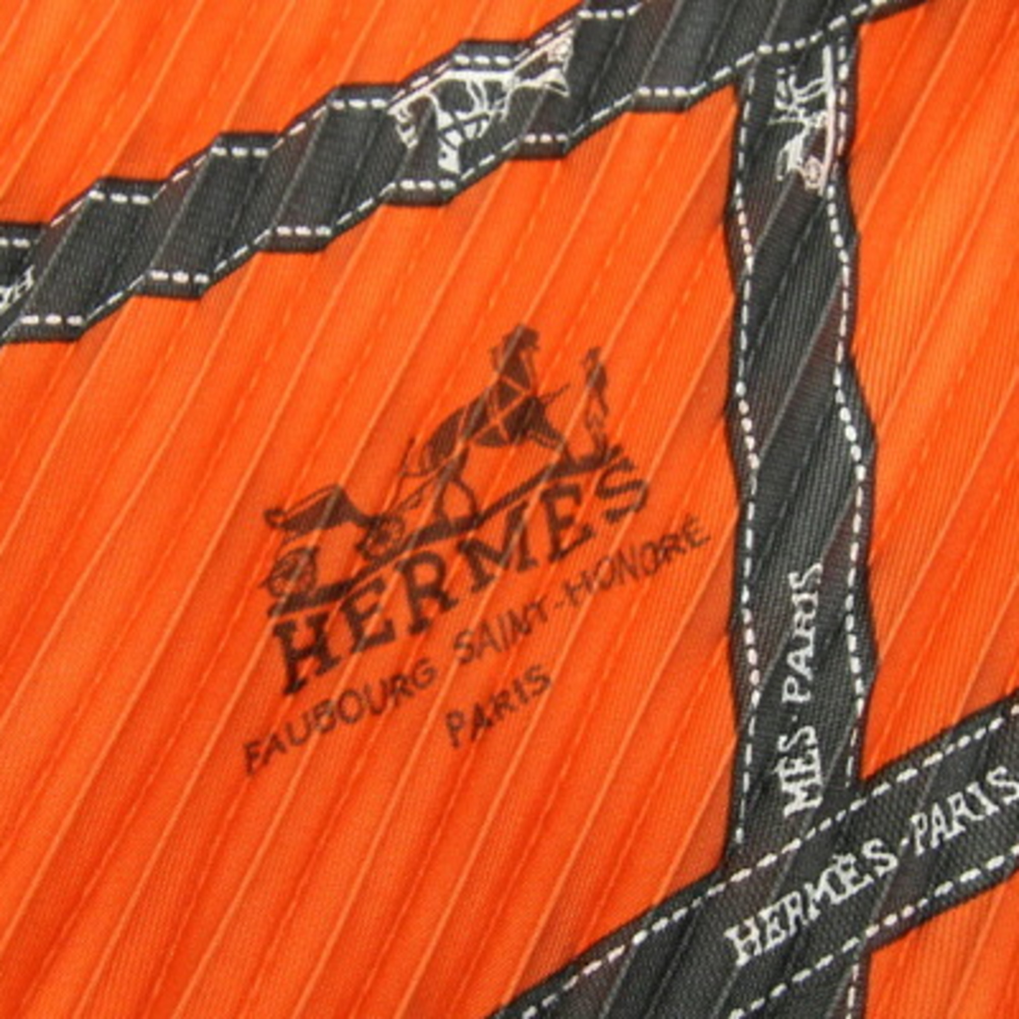 Hermes Scarf Muffler Bordeaux Pleated Orange 100% Silk Ribbon Pattern Women's HERMES