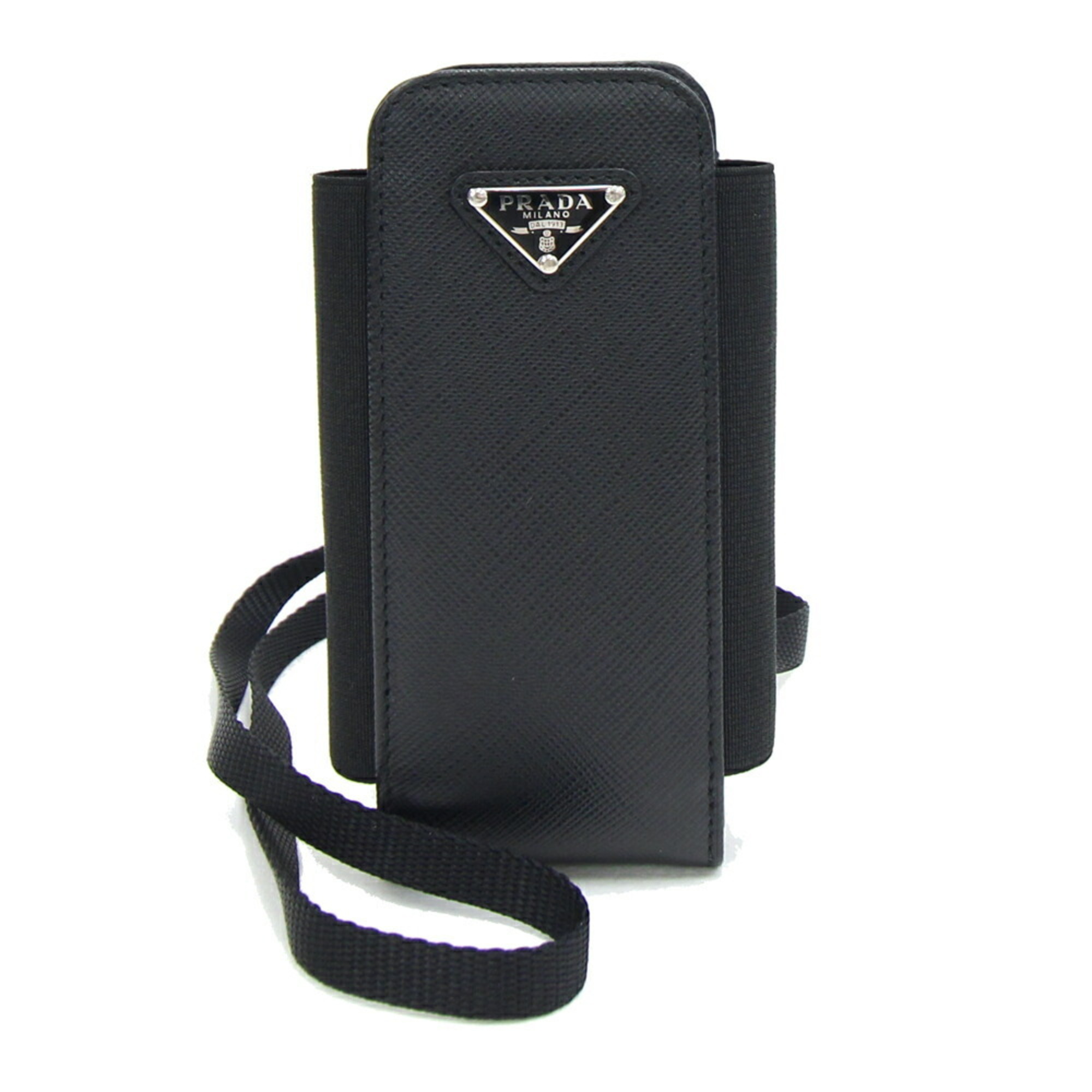 Prada Smartphone Case 1ZT019 Black Leather Phone with Neck Strap for Women and Men PRADA