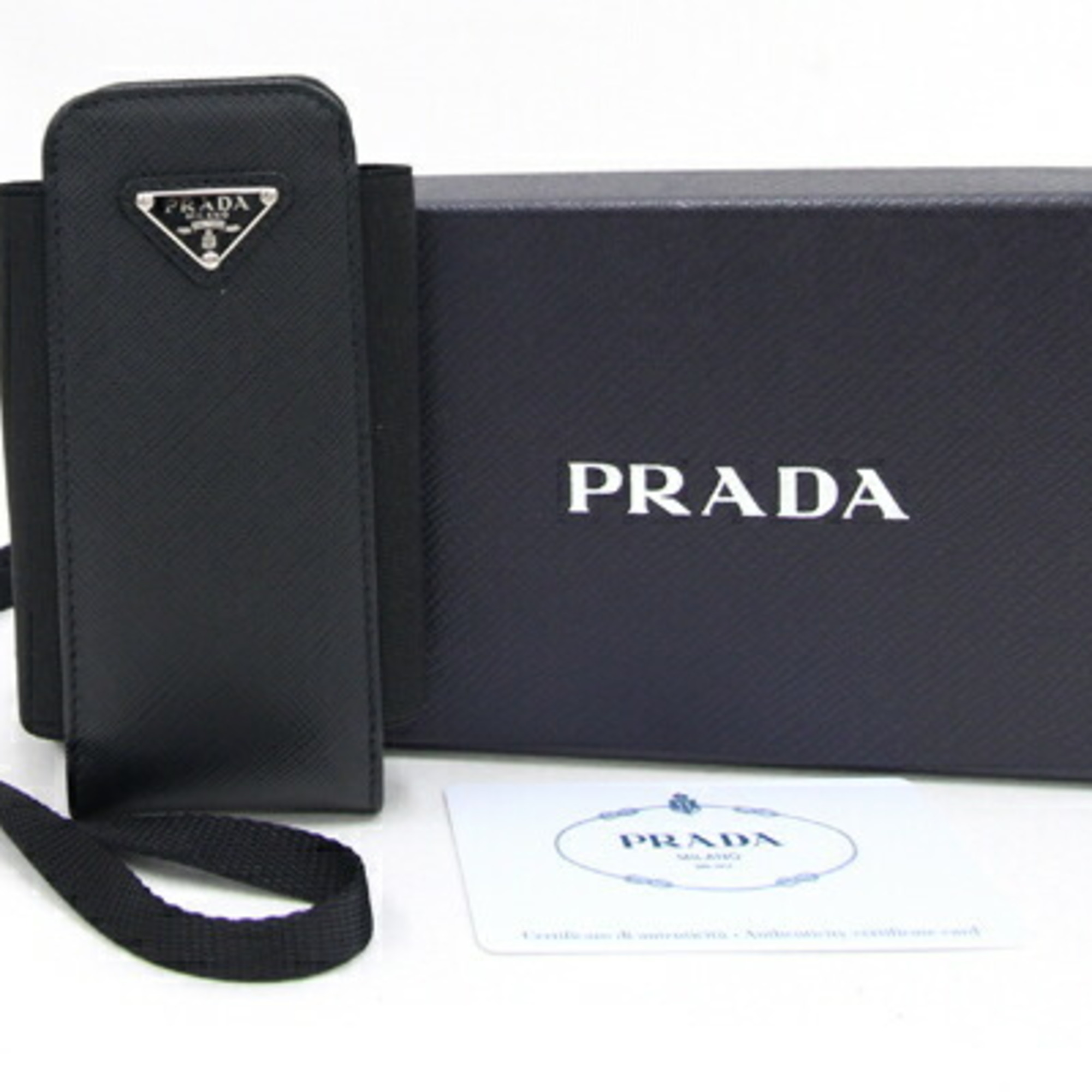 Prada Smartphone Case 1ZT019 Black Leather Phone with Neck Strap for Women and Men PRADA