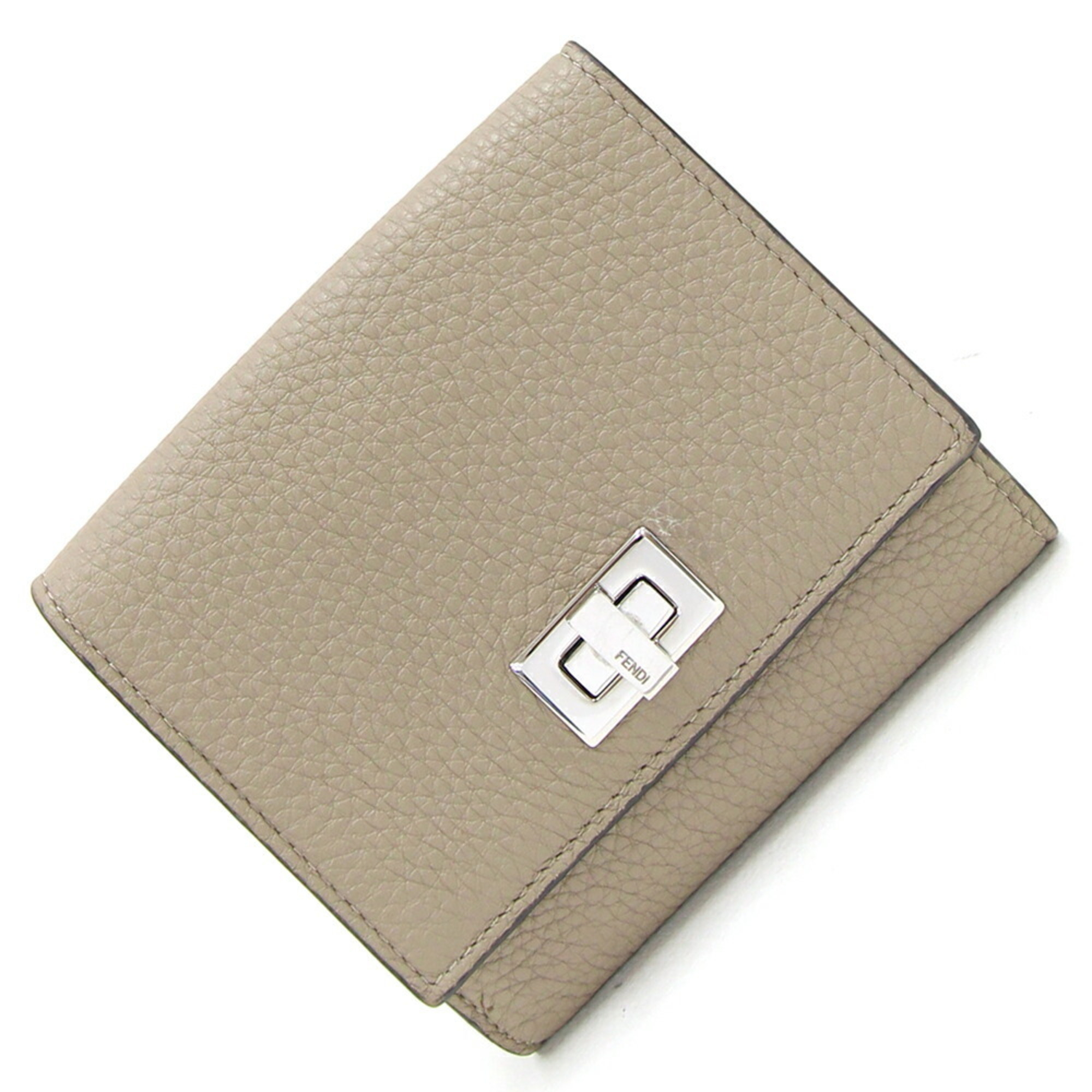 FENDI Bi-fold Wallet Peekaboo Selleria 8M0438 Greige Leather Double Opening Compact Women's