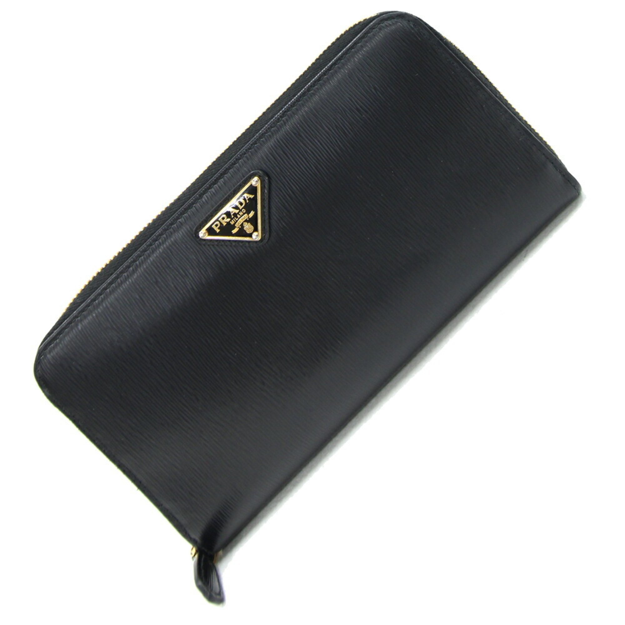 Prada Round Long Wallet 1ML506 Black Leather Triangle Women's PRADA