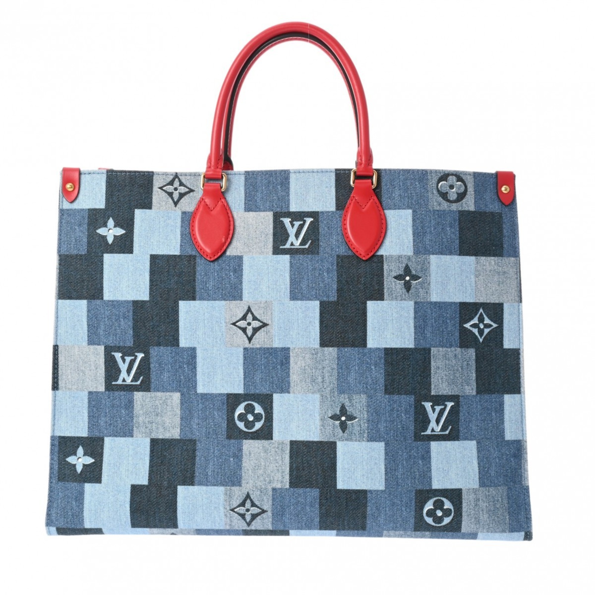 LOUIS VUITTON Louis Vuitton Monogram Denim On the Go GM Tote Blue/Red Unisex Leather Handbag