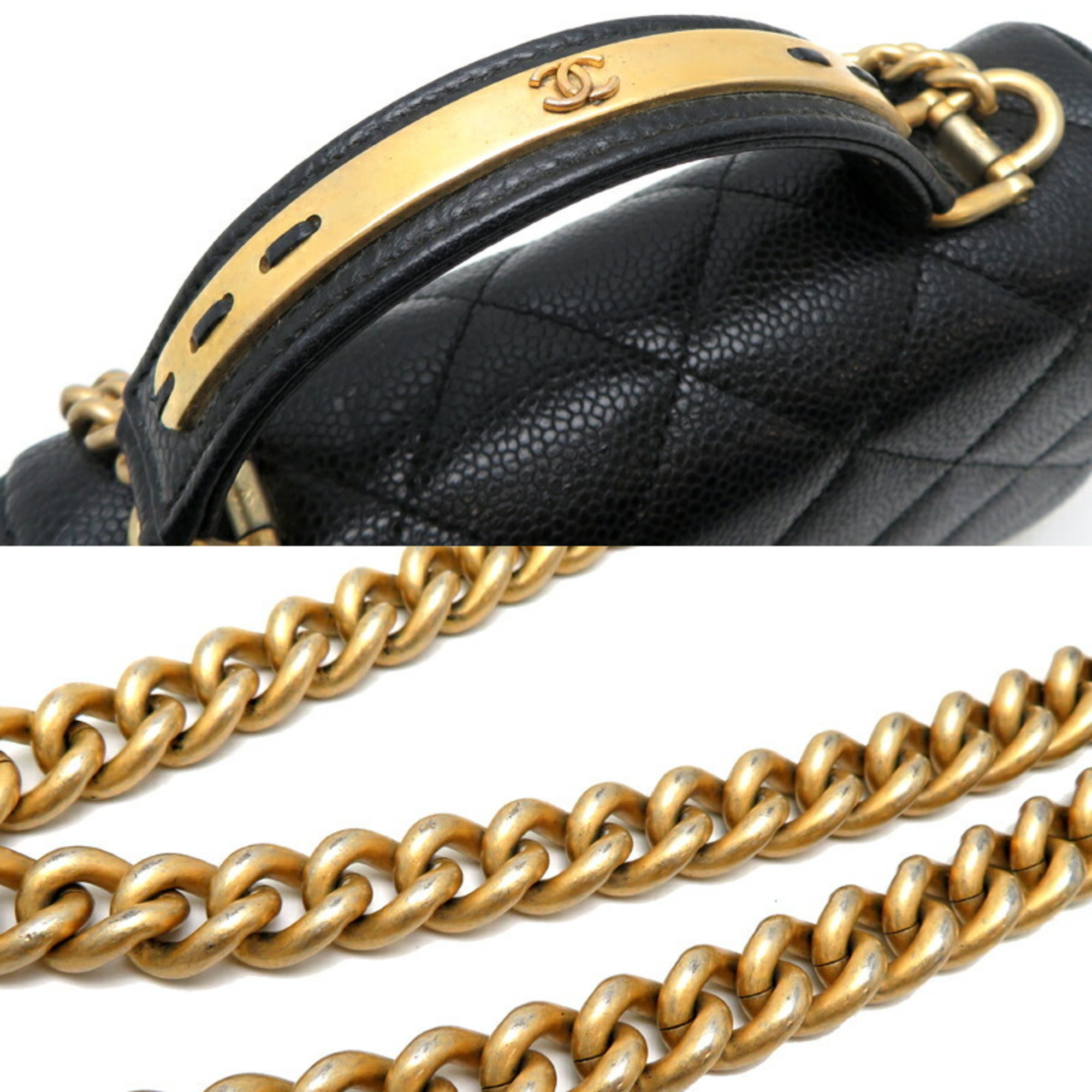 Chanel Seal Matelasse Top Handle Women's Shoulder Bag A91903 Caviar Skin Black DH83086