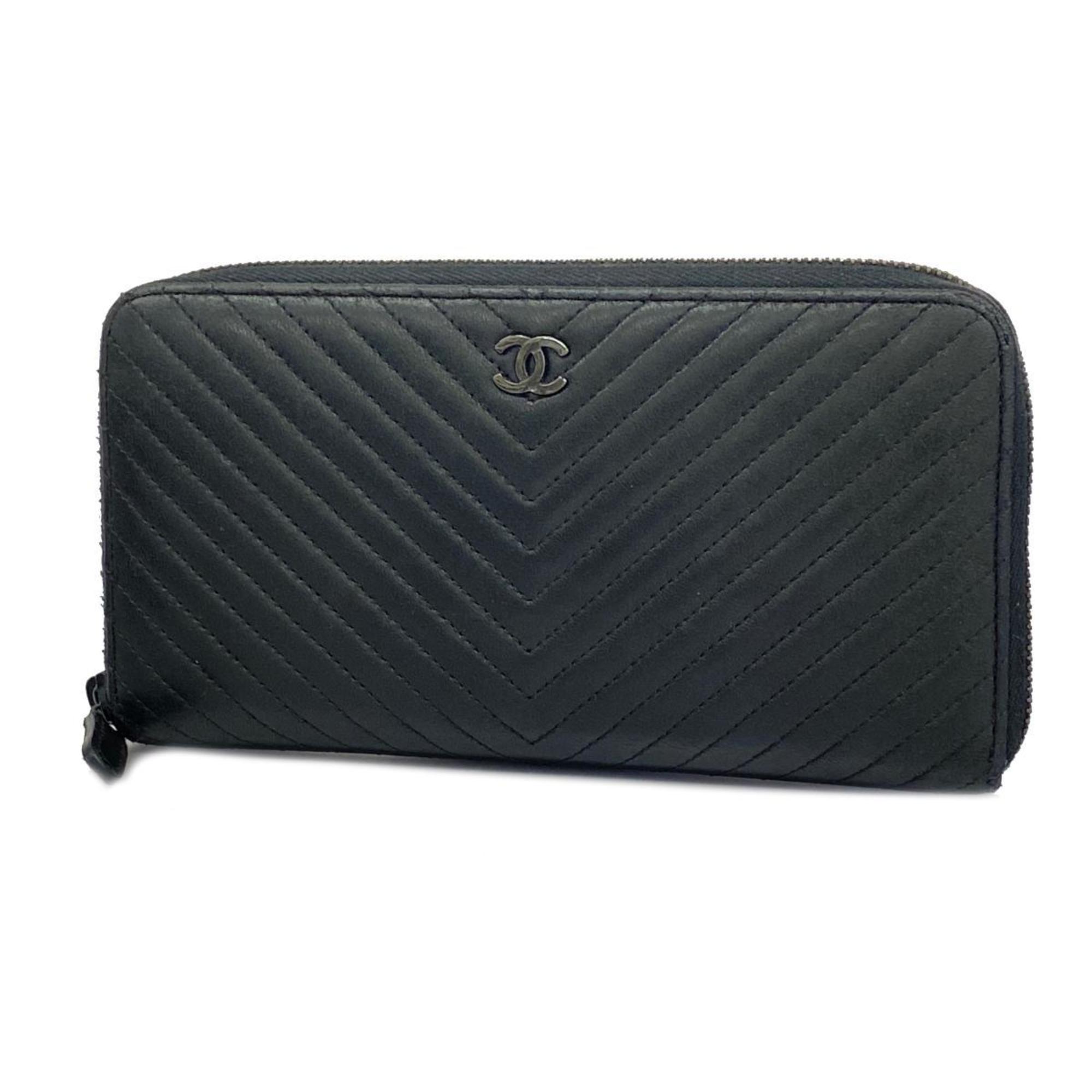 Chanel Long Wallet V Stitch Lambskin Black Men's Women's