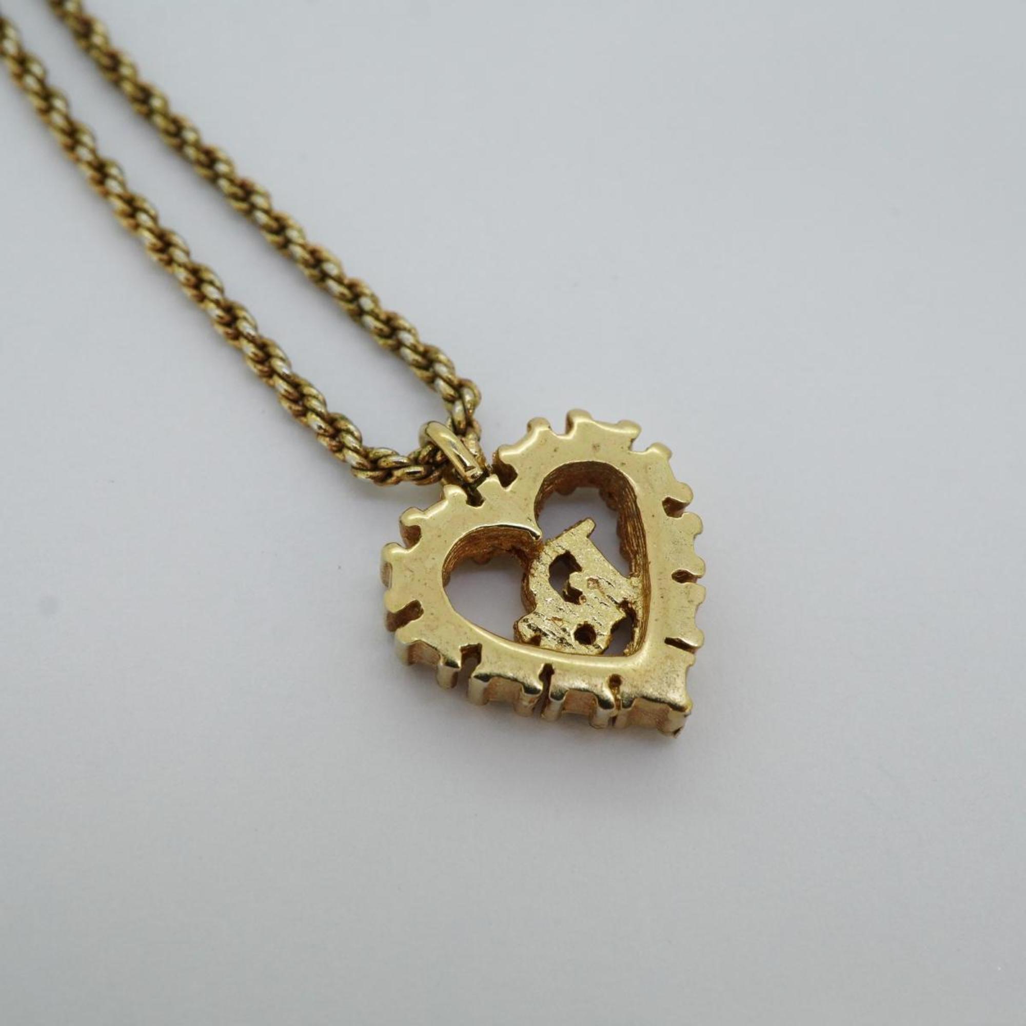 Christian Dior Necklace Heart Motif Rhinestone GP Plated Gold Women's