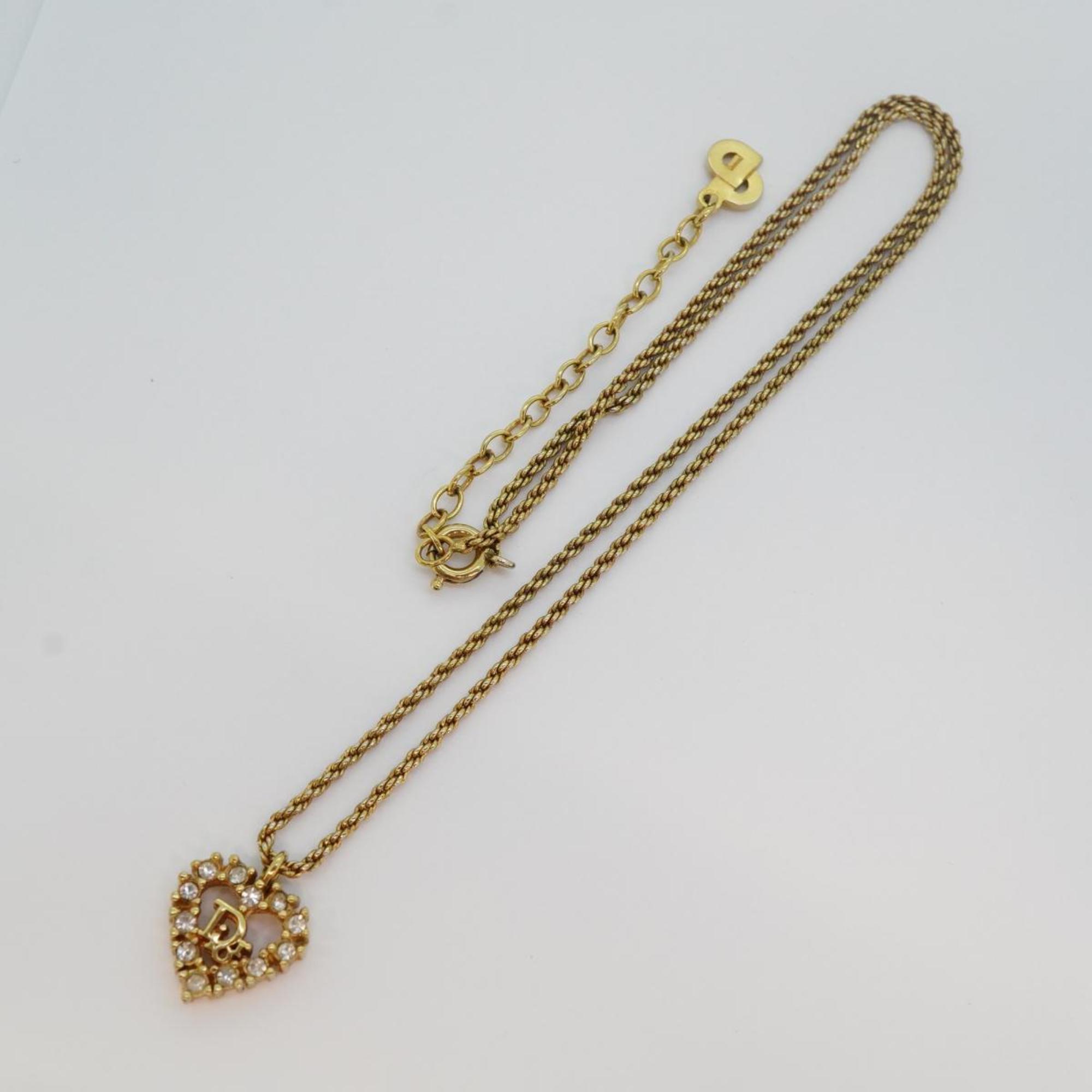 Christian Dior Necklace Heart Motif Rhinestone GP Plated Gold Women's