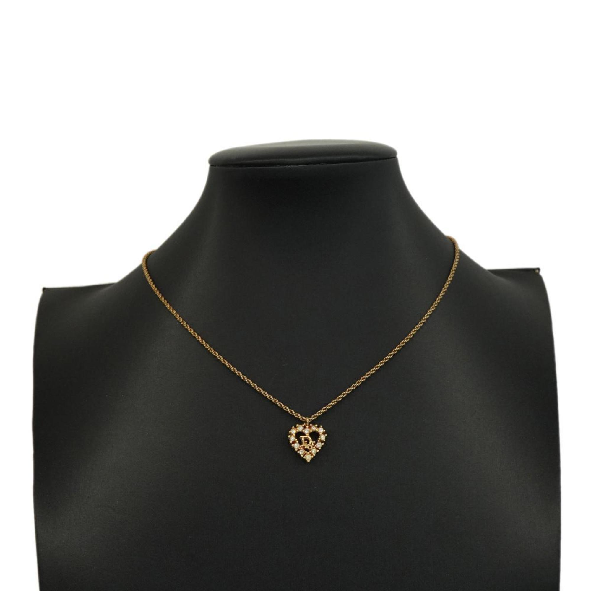 Christian Dior Necklace Heart Motif Rhinestone GP Plated Gold Women's