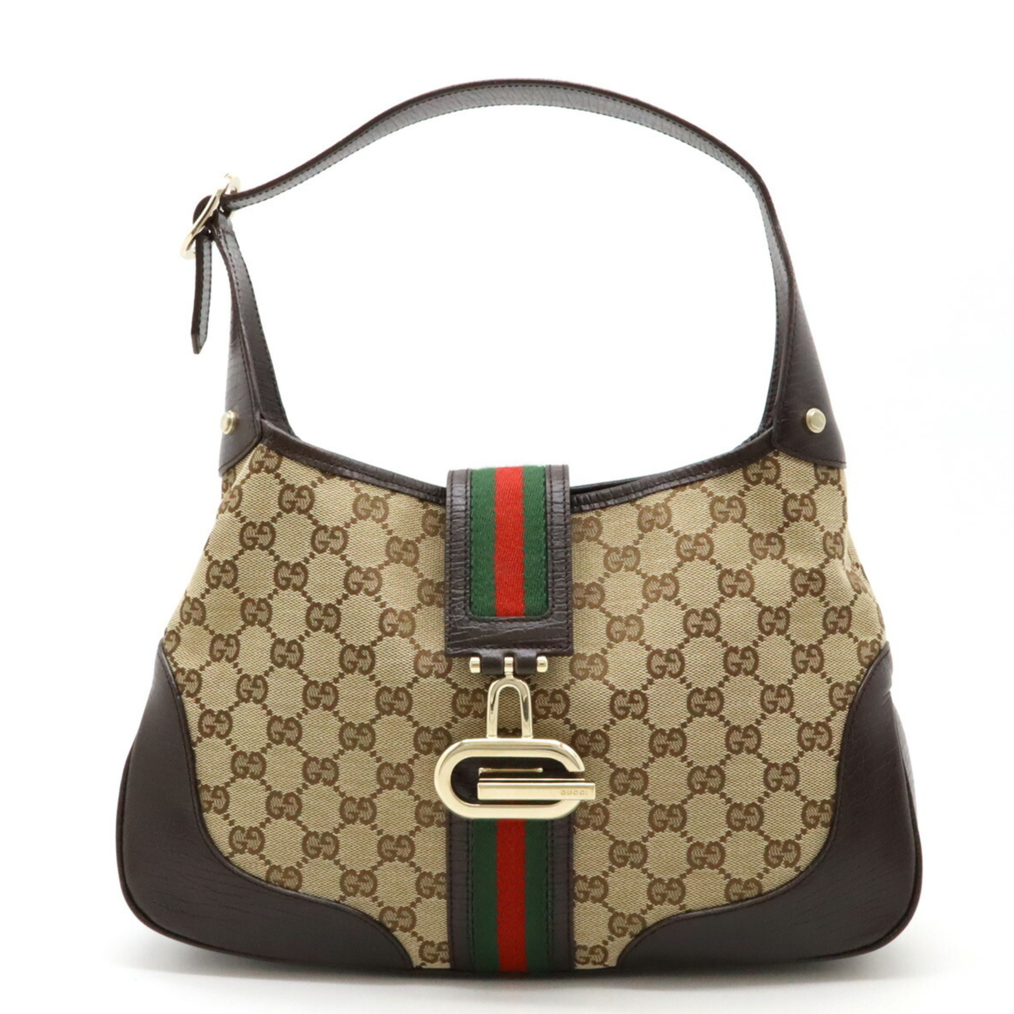 GUCCI Gucci GG Canvas Sherry Line Shoulder Bag Leather Khaki Beige Dark Brown 130779