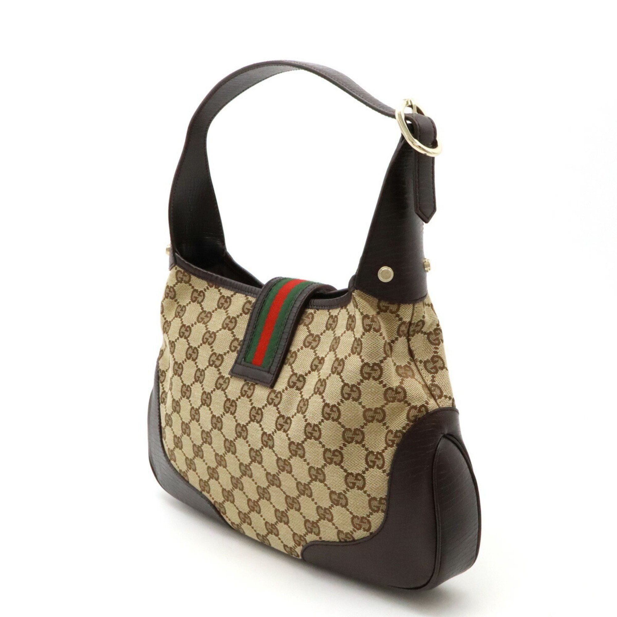 GUCCI Gucci GG Canvas Sherry Line Shoulder Bag Leather Khaki Beige Dark Brown 130779