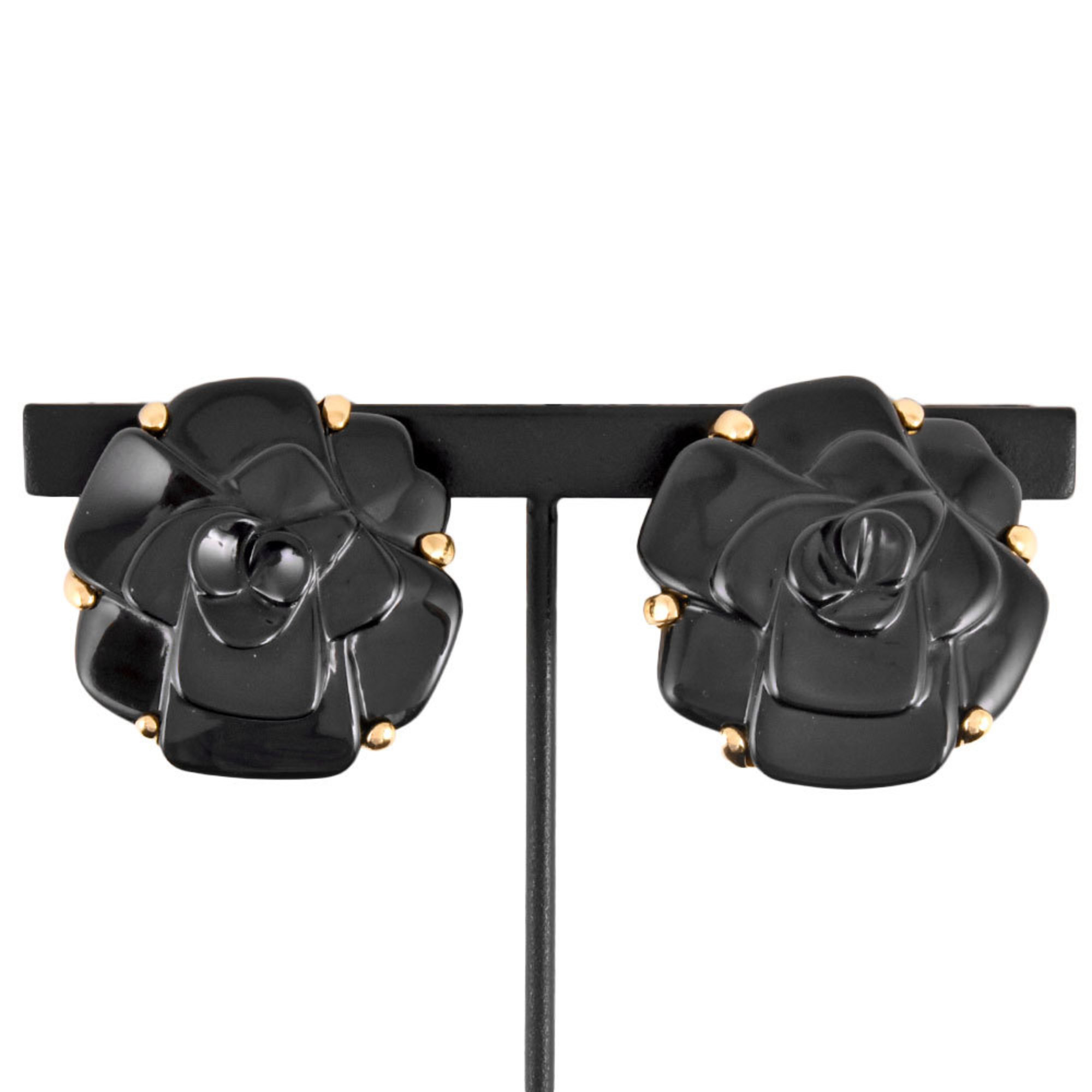 CHANEL Camellia Earrings, K18YG, Black Chalcedony, Women's