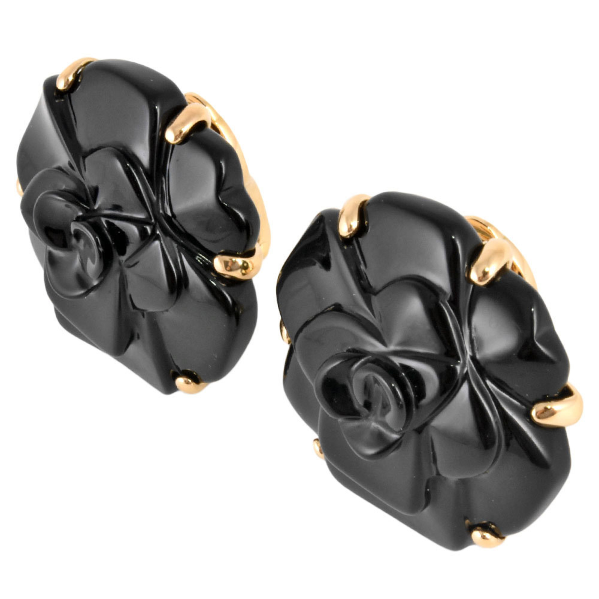 CHANEL Camellia Earrings, K18YG, Black Chalcedony, Women's