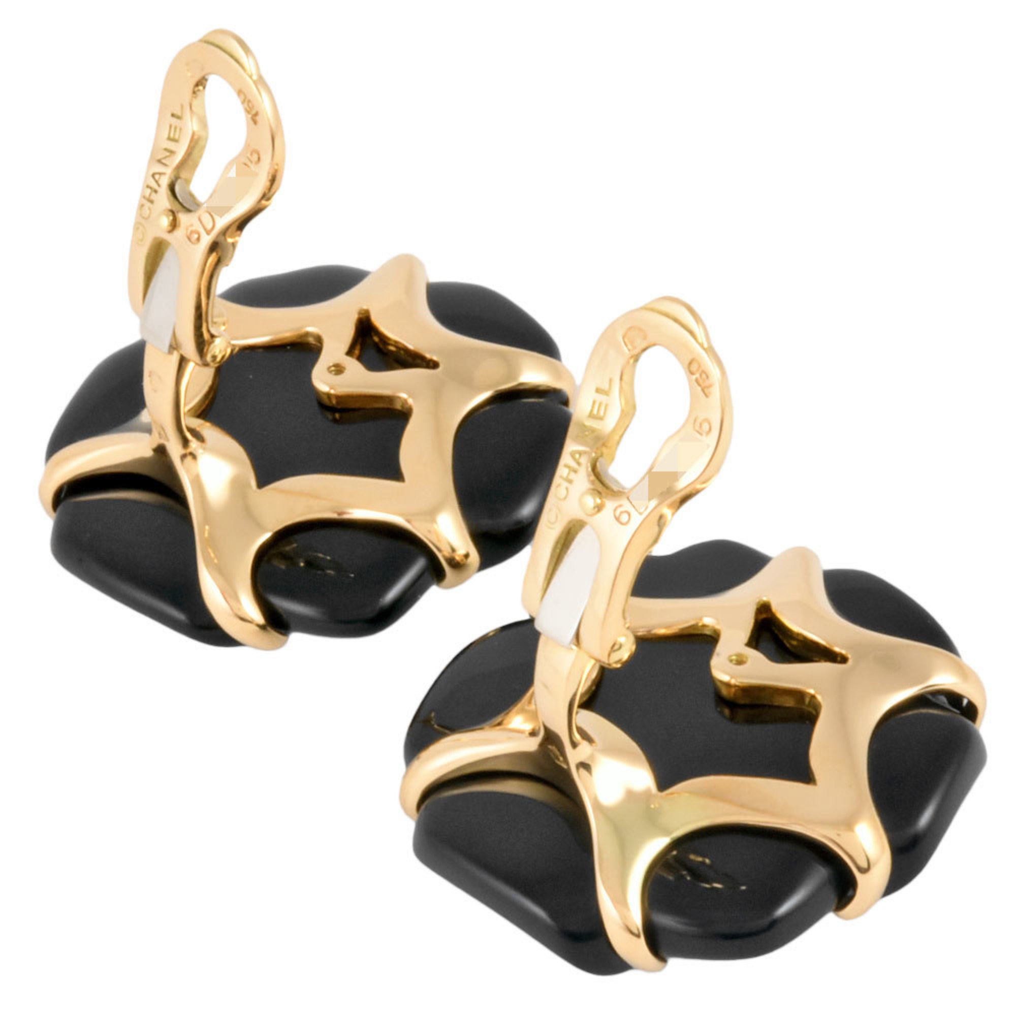 CHANEL Camellia Earrings, K18YG, Black Chalcedony, Women's