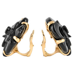 CHANEL Camellia Earrings, K18YG, Black Chalcedony, Women's