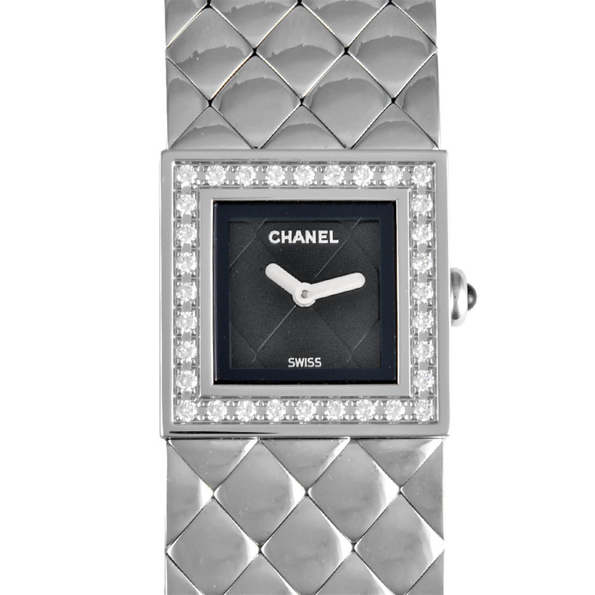 CHANEL H0489 Matelasse Bangle Watch Quartz Black Dial Diamond Bezel Stainless Steel Women's