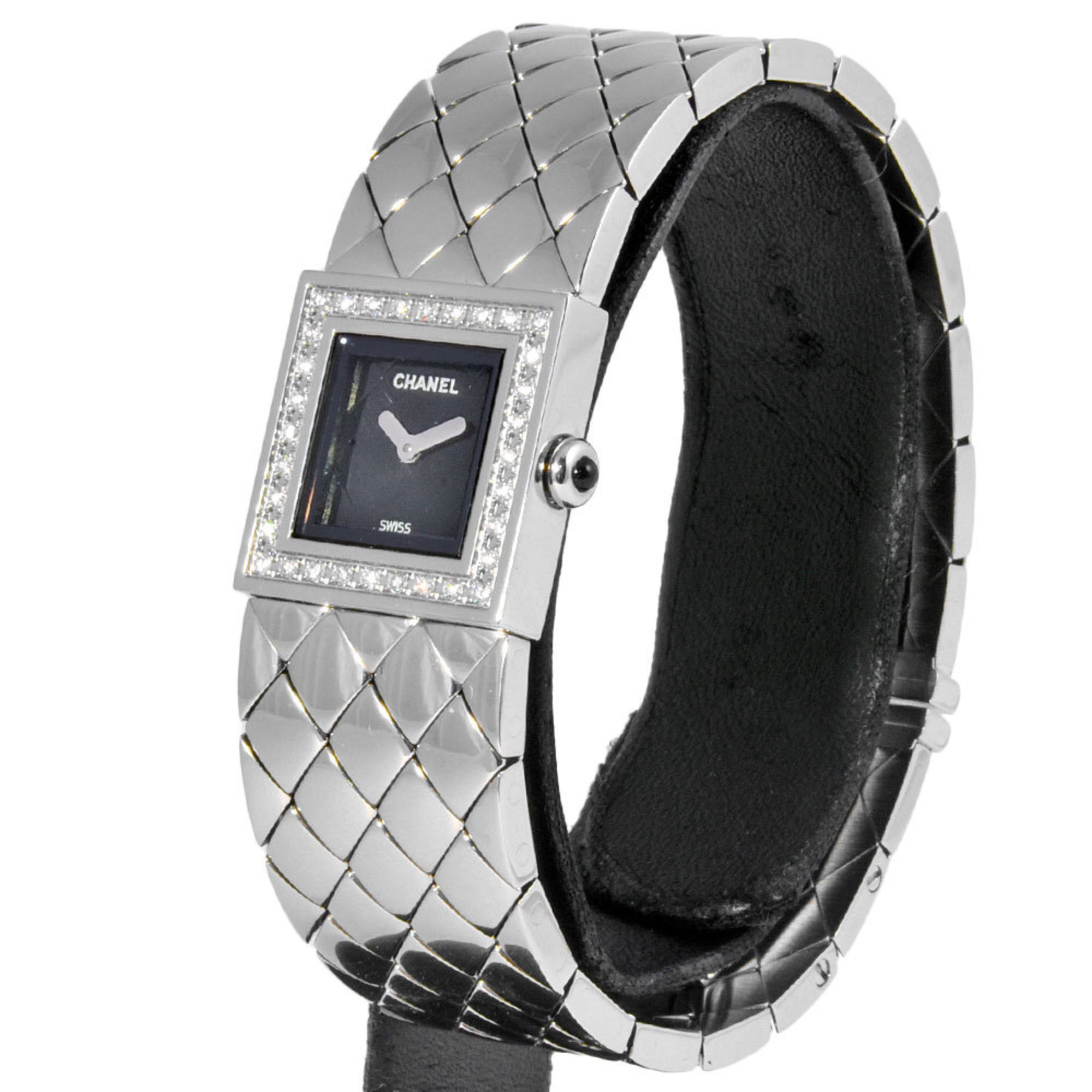 CHANEL H0489 Matelasse Bangle Watch Quartz Black Dial Diamond Bezel Stainless Steel Women's