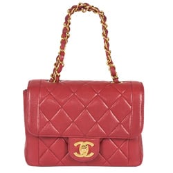 CHANEL Matelasse Chain Handbag Lambskin Red No. 3 Coco Mark Single Flap