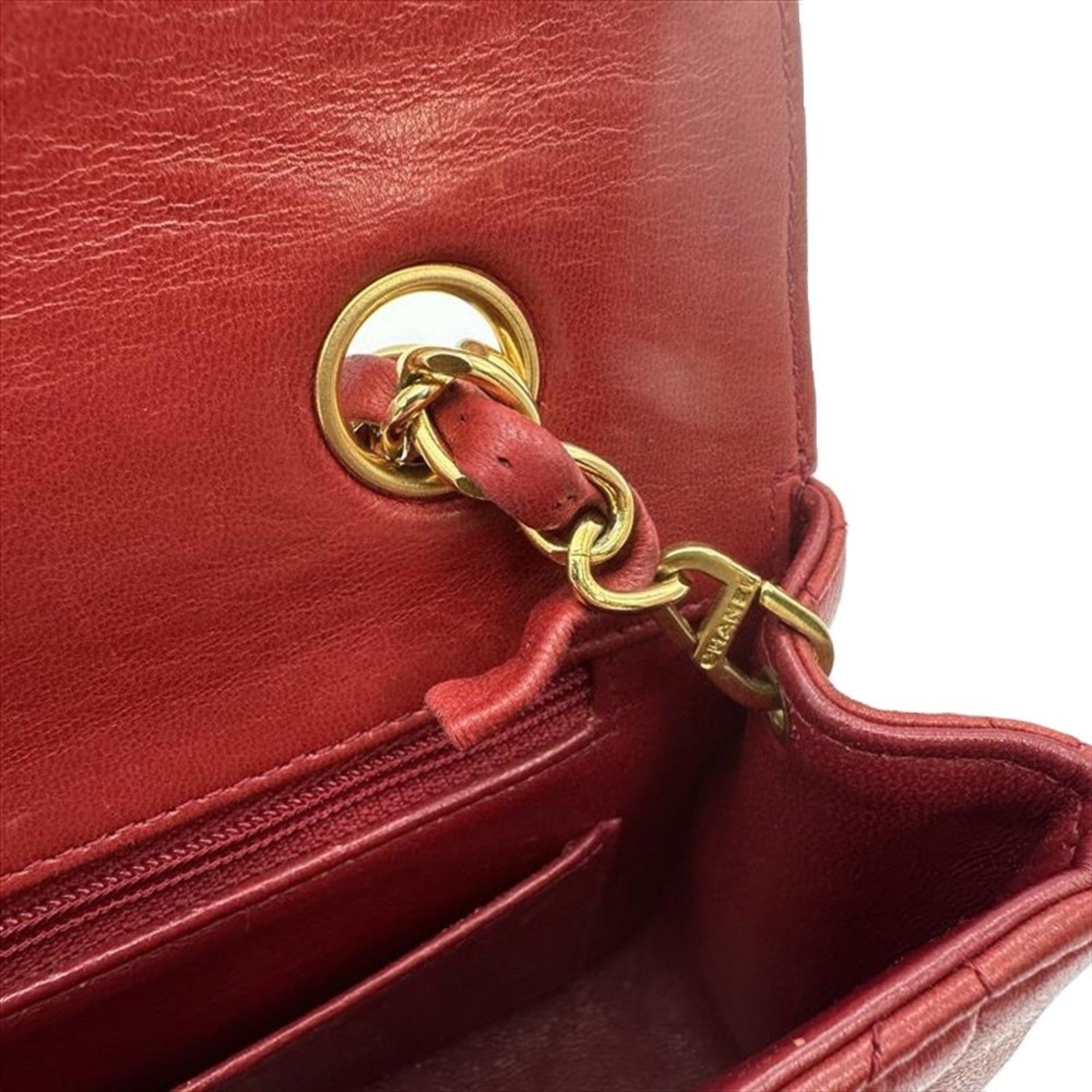 CHANEL Matelasse Chain Handbag Lambskin Red No. 3 Coco Mark Single Flap