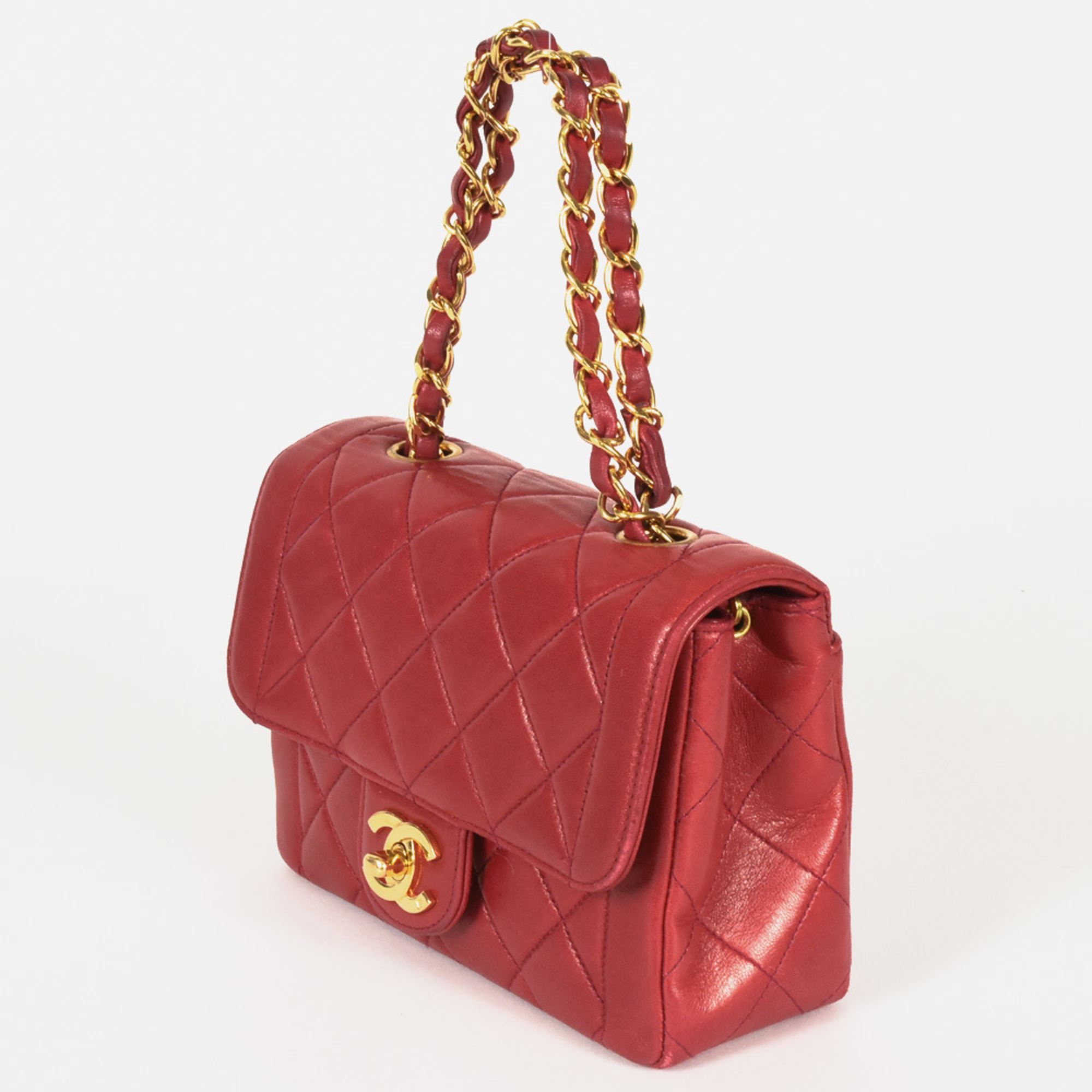 CHANEL Matelasse Chain Handbag Lambskin Red No. 3 Coco Mark Single Flap