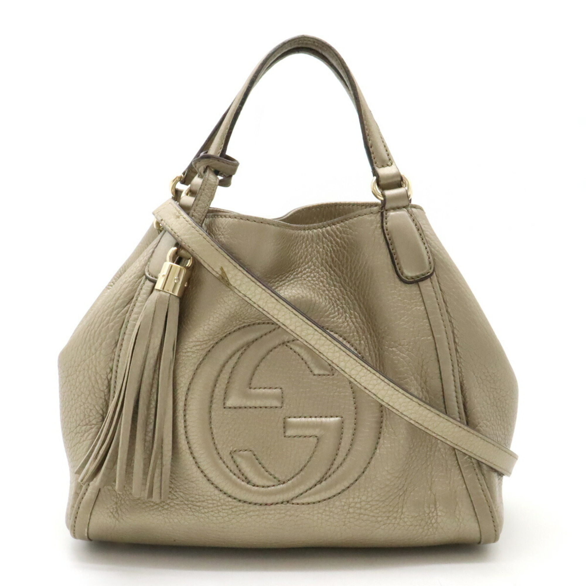 GUCCI Soho Interlocking G Tassel Handbag Shoulder Bag Metallic Leather Champagne Gold 336751