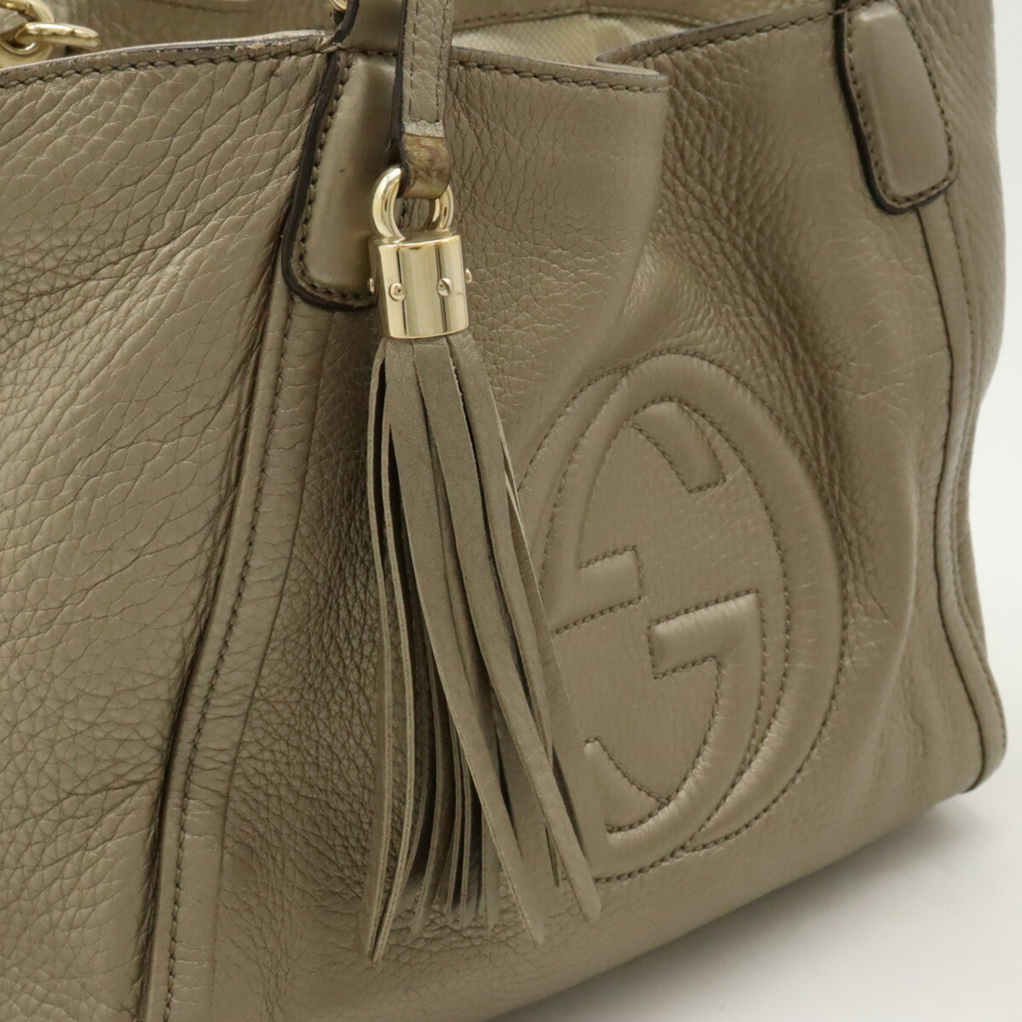 GUCCI Soho Interlocking G Tassel Handbag Shoulder Bag Metallic Leather Champagne Gold 336751